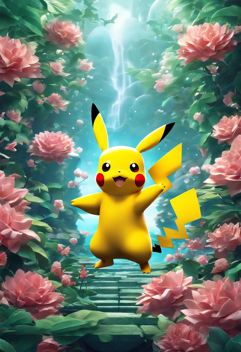 Pikachu shines like ether、I'm the only one who dances。The lightning-shaped tail has a complicated pattern.、Exudes an otherworldly beauty。This mesmerizing scene is digitally painted、Each stroke captures the magical essence of the scene.。Vibrant colors and exquisite detailaking this image a truly mesmerizing work of art.。Futuristic style and bright colors、High resolution、high detail、surreal style、octane render、Unreal Engine 5 style、3D model、8 k、HDR