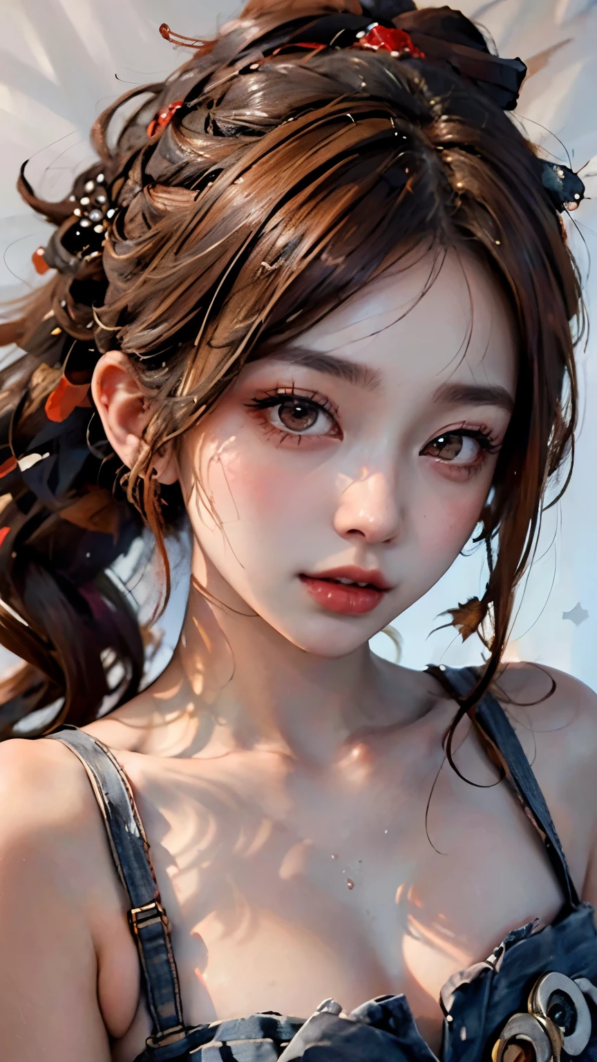 (((masterpiece)))、(((portrait)))、1 girl，lying flat on bed，face，很expression of enjoyment，Sexual expressions，Confused，Reddish-brown hair、curls、ponytail，red headdress、red eye、diffuse light、Dynamic shadows、sharp focus、reality、meticulous、high resolution、entertaining、 lifelike, lifelike, Soaked all over, mascara, blush, turtleneck pajamas, White short sleeves，youthful appearance,，Covered in white soap bubbles，shot on the body,cum on mouth，On the hair， Lots of white soap bubbles，Open your mouth，Sticking out tongue，blush，expression of enjoyment，Confused，Above the hips