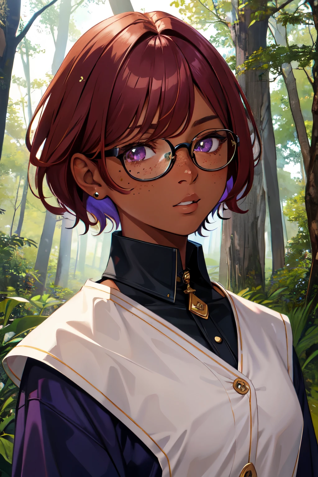 ultra-detailed, masterpiece, highest quality, 1 female, ginger hair, short-medium hair, purple eyes, dark skin, dark skin, student clothes, freckles on the face, serious expression, upper body, portrait, forest background, cat eye glasses,