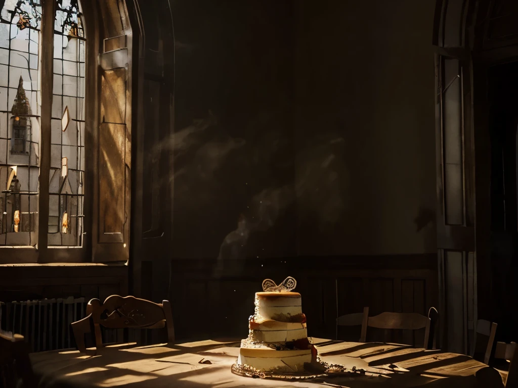 a royal banquet table, the party is over, the place is forsaken, there are no humans presents, a big half eaten cake in the shape of a crown stands in the middle of the table, light comes in through the windows, dust dances in the lightrays,