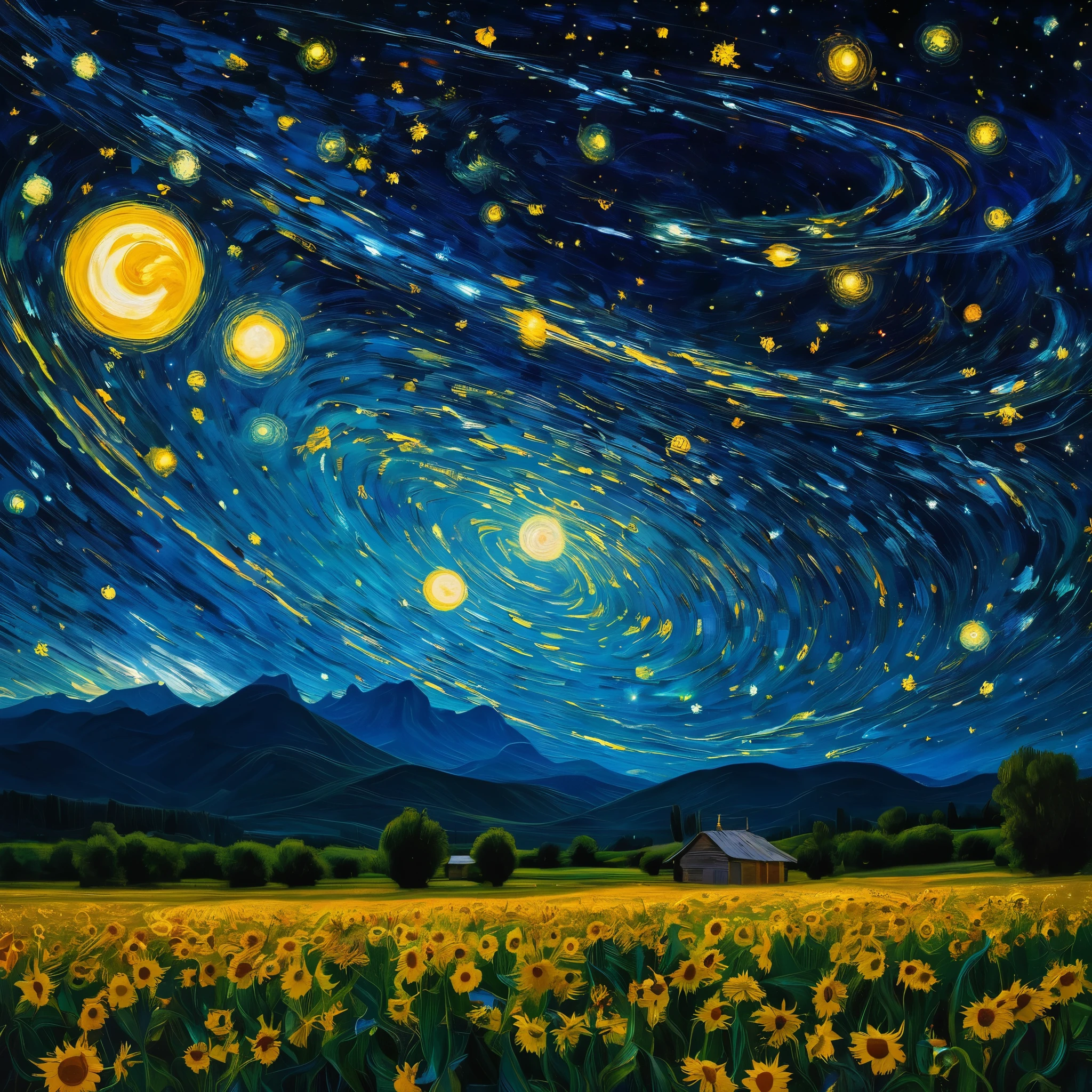 A cosmic orchestra of stars and planets performing a symphony of light and sound amidst the vast expanse of space, inspired by the works of Vincent van Gogh's "Starry Night."