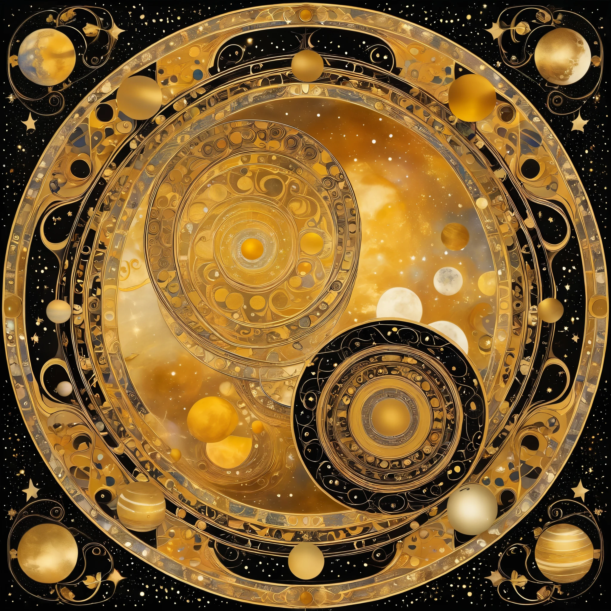 Planets and moons twirl gracefully around each other in a celestial ballroom, reminiscent of the elegant compositions of Gustav Klimt, with golden hues and intricate patterns.