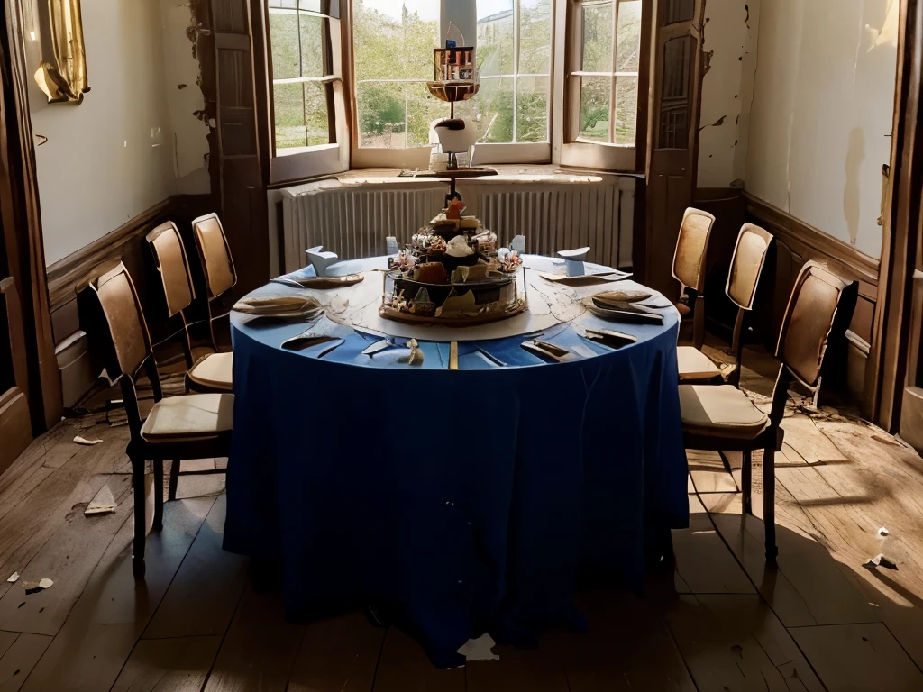 a long big royal banquet table, the party is over, the place is forsaken, there are no humans presents, a big, half eaten cake in the shape of a crown stands in the middle of the table, light comes in through the windows, the windows a broken, dust dances in the lightrays, the cake is the centerpeace of the image, the cake has the shape of a royal crown, the cake is half eaten, chunks are cut out of the cake, the cutlery on the tabel is broken an scattered, the windows are broken, mold creeps up the walls