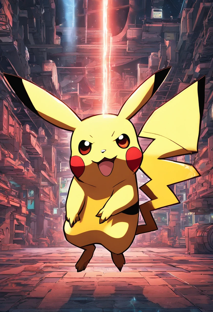 Pikachu is the embodiment of shining lightning.、He&#39;s the only one dancing in front of the candy store.。The lightning-shaped tail expresses the complex refraction of light.、Exudes an otherworldly beauty。Vibrant colors and exquisite detailaking this image a truly mesmerizing work of art.。Nostalgic style and bright colors、High resolution、high detail、surreal style、octane render、Unreal Engine 5 style、3D model、8 k、HDR