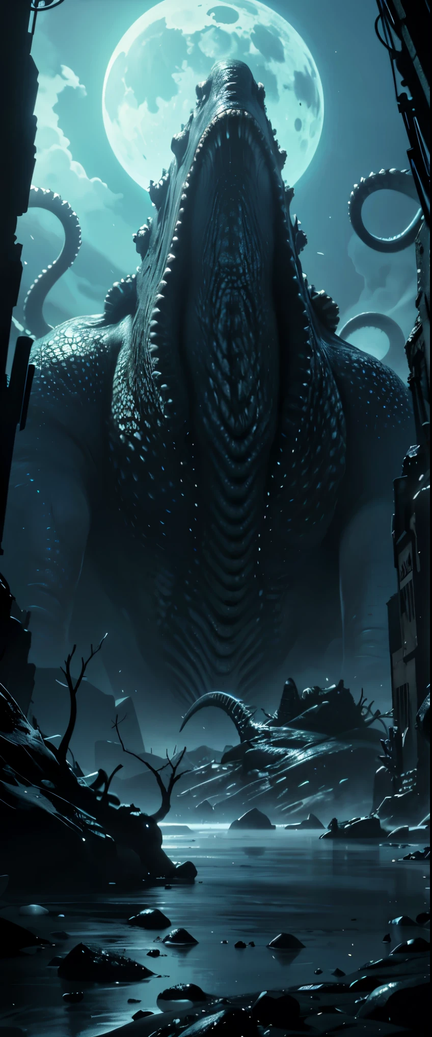 ((masterpiece, highest quality, Highest image quality, High resolution, photorealistic, Raw photo, 8K)), (people taking pictures of a giant creature with their cell phones), Giant female creature, big breasts, big butt, huge tentacles, lovecraftian background, lovecraftian atmosphere, giant cthulhu, huge creature, gigantic cthulhu, giant ethereal creature, eldritch being, lovecraftian monster, giant tentacles, an ominous fantasy illustration, looming creature with a long, nyarlathotep, lovecraftian landscape,