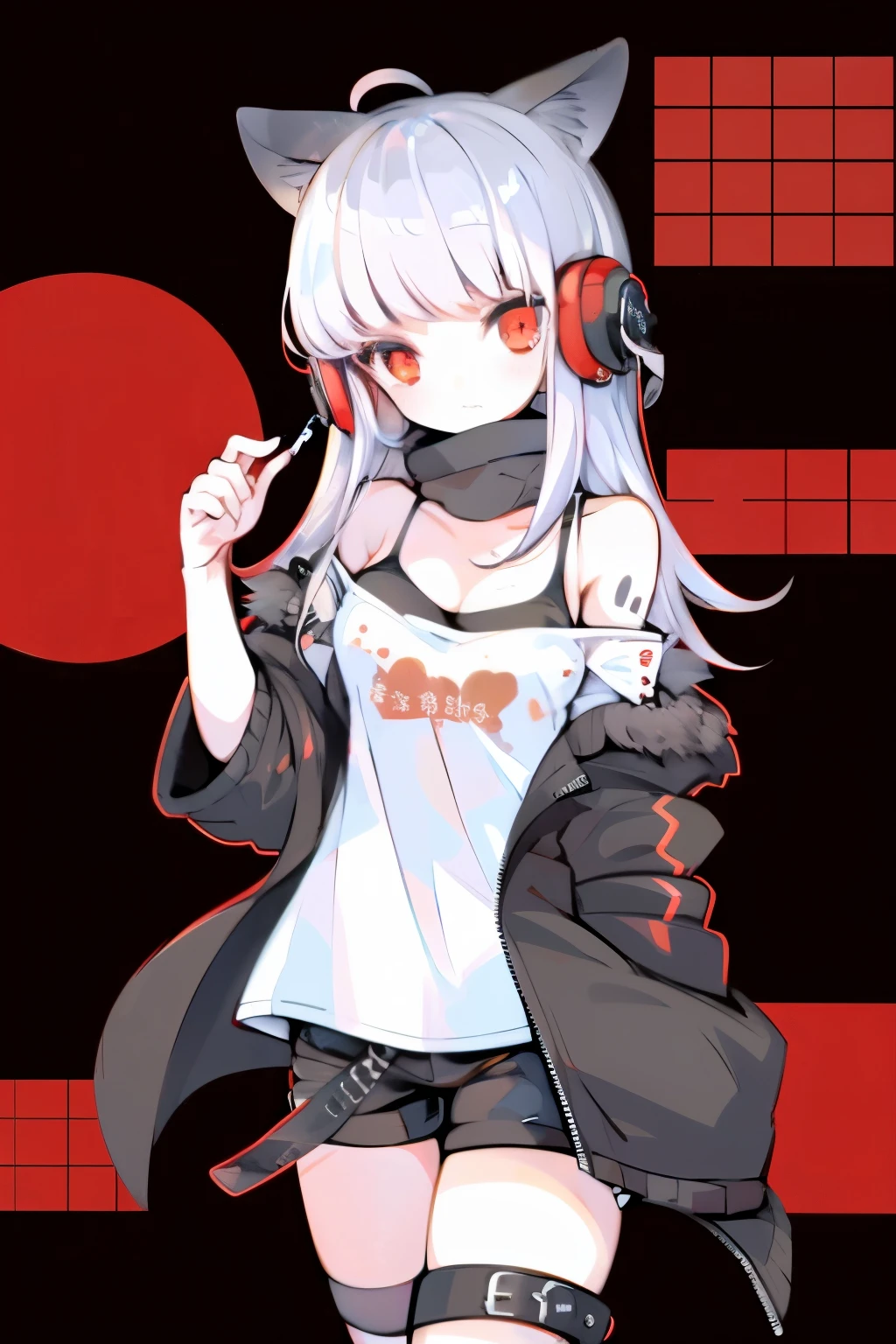 table top, medium close up，MCU,highest quality, High resolution, 1 girl, futaba sakura, sharp bangs, silver hair, red eyes, Ahoge, small breasts, headphones, behind-the-head headphones, white shirt, Jacket, off shoulder, fur trim, ファートリムJacket, 緑のJacket, shorts, thighs thighs, knee high boots,white fox ears，Exact hand shape and number of fingery fingers are hidden by my sleeves)) cowboy shot,golden hour,An illustration