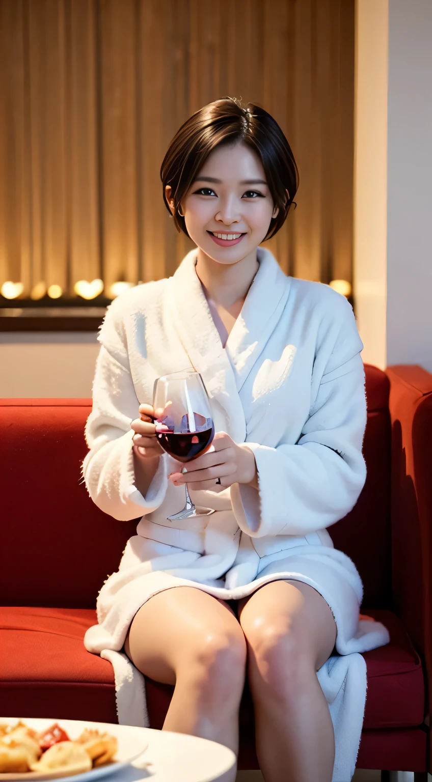 (table top, highest quality:1.4), beautiful face, 8k, 85mm, absurd, ((dark hotel bedroom))、(wearing a thick white bathrobe:1.4), ((cowboy shot:1.5))、((shot from below:1.4))、((small breasts:1.4))、delicate girl, alone,(((short hair girl:1.5)))、((Sitting on the red sofa:1.4))、((Drink a glass of wine:1.4))、night, looking at the viewer, Upper body, film grain, chromatic aberration, sharp focus, face light, professional lighting, Sophisticated, ((Sho smiles:1.4)), (background bokeh:1.2), face、