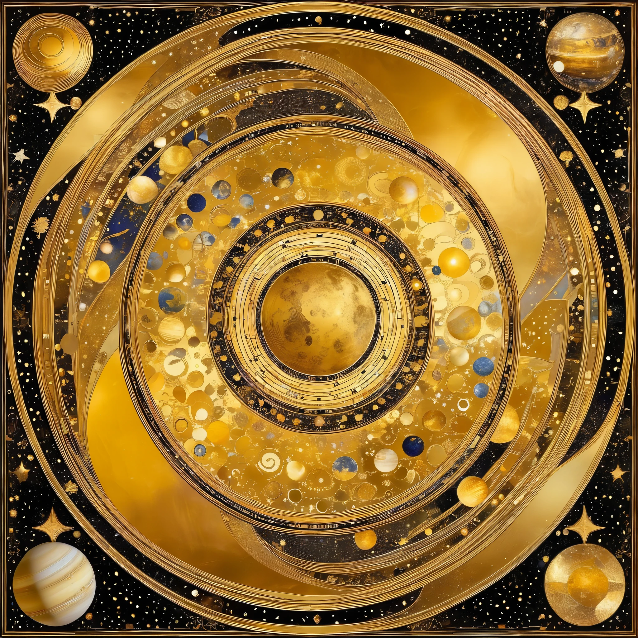 Planets and moons twirl gracefully around each other in a celestial ballroom, reminiscent of the elegant compositions of Gustav Klimt, with golden hues and intricate patterns.