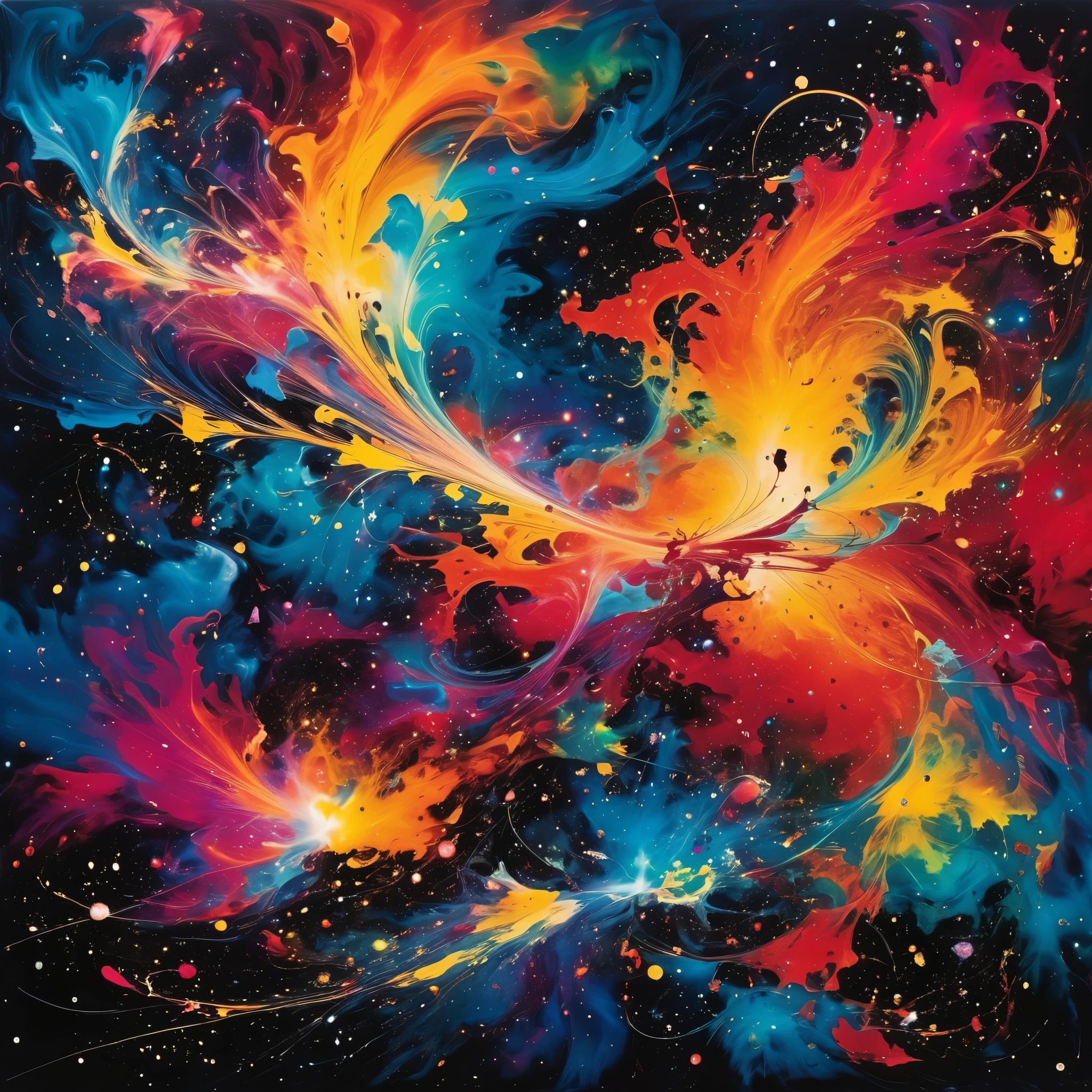 Vibrant nebulas swirl and collide in a cosmic symphony, resembling the abstract expressionism of Jackson Pollock's masterpieces, with splashes of color and dynamic movement.