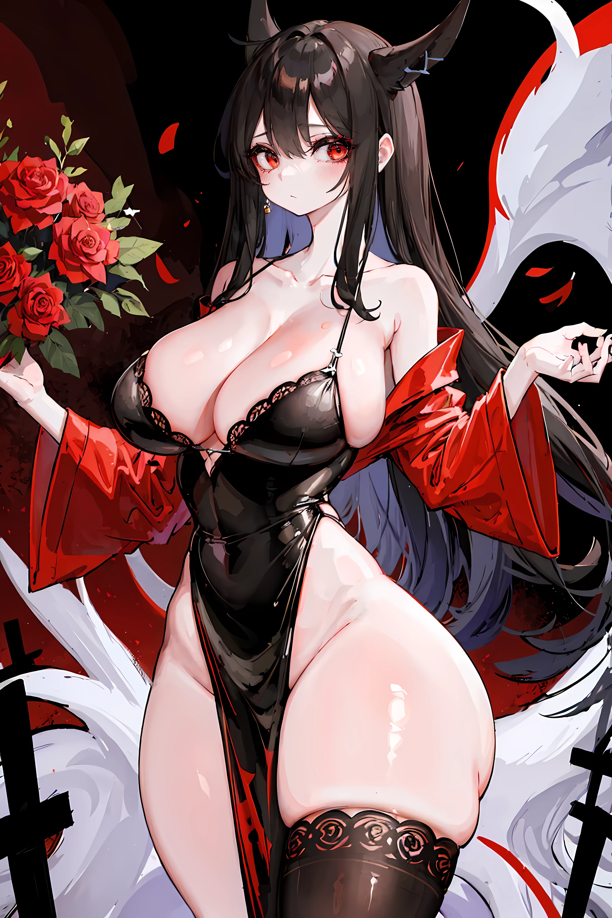 (8k,high resolution,masterpiece:1.2),devil girl,red corner,beautiful and delicate eyes,Beautiful and delicate lips,Extremely detailed eyes and face,long eyelashes,Sexy long black hair,fiery red eyes,Wearing a dark flowing robe,Floating in a misty forest under the moonlight,Red eyes penetrate the darkness,The soft and ethereal light reflects her graceful figure,Subtle shadows dance around her,Red rose surrounded by thorny vines,A sinister yet fascinating presence..,Depicted with dark and dramatic chiaroscuro lighting,Create an unforgettable and charming atmosphere,A clever fusion of traditional oil painting and digital art,evoke a sense of mystery and,Perfectly capturing the beauty and darkness of the enchantress,lace dress，yukata,Lace lingerie