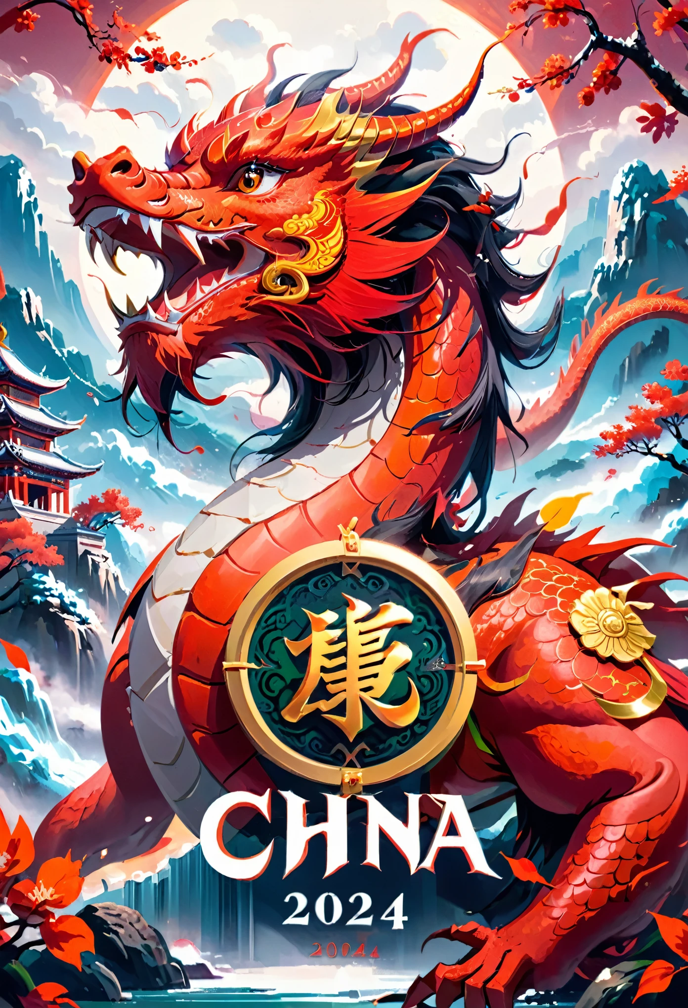 text "China", Chinese style Dragon, year 2024, cinematic, red theme, (best quality, masterpiece, Representative work, official art, Professional, 8k)