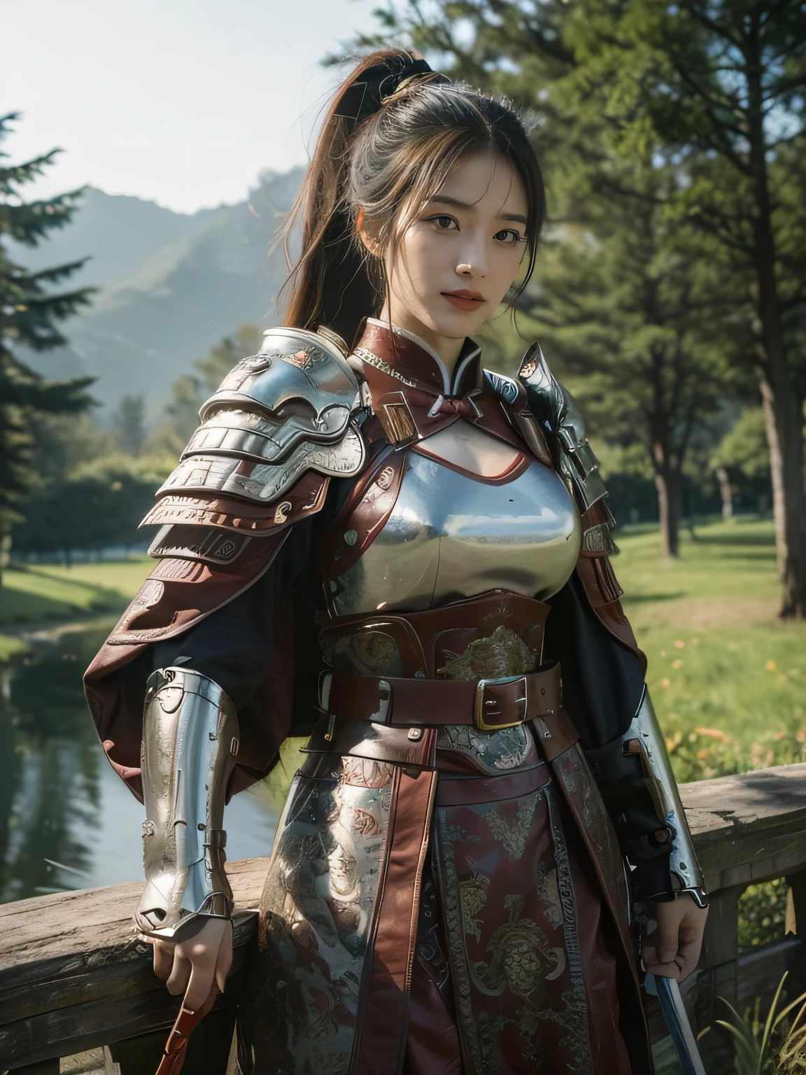 masterpiece，Best quality，HD quality，face close-up，Detailed sculpting of eyes，A high resolution，8K，Ancient battlefield background, ((field：1.8))，(Female generals on the battlefield in the Han Dynasty)，(mounted on a horse)，18-year-old girl，（long ponytail hairstyle)，cparted lips，Full and erect breasts，Noble and charming，Elegant and serious，Chinese armor,sword, Chinese architecture, Brown cape，，The combination of white metal and red leather，chest armor，metallic luster，Leather buckle，Exquisite pattern，mysterious badge，Cool and gorgeouig breasts))，Chest groove，Three Kingdoms character painting style，Photo pose，oc render reflection texture，charming smile，Head-up shot，bright afternoon，woodland background