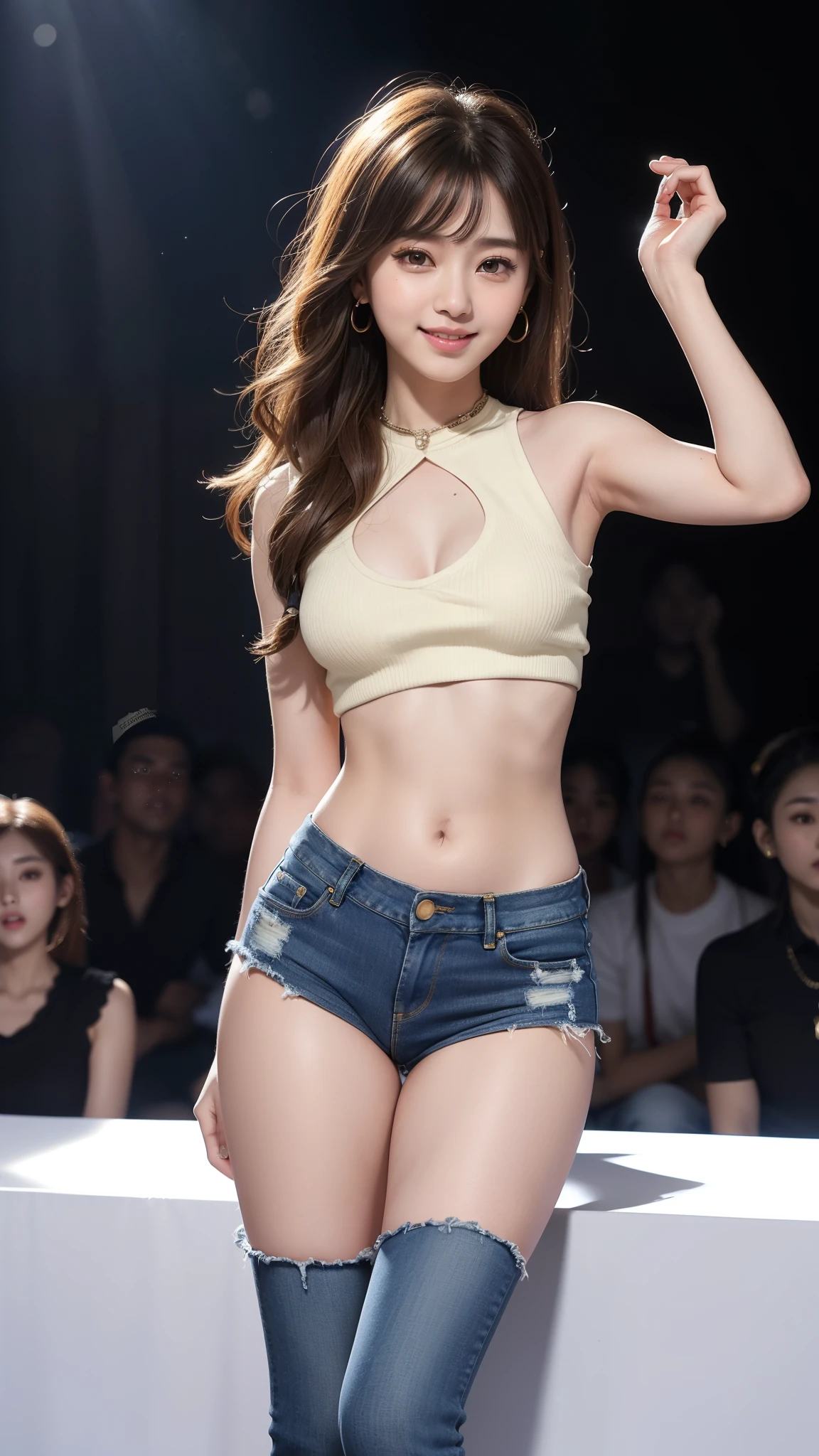 8k, table top, Raw photo, highest quality, realistic, Wallpapers with extreme details CG Unity 8k, Depth of the bounds written, cinematic light, Lens flare, ray tracing, (very beautiful face, beautiful lips, beautiful eyes), face with intricate details, ((ultra detail skin)) 1 girl, (Korean model Kim Da-eun, Dhoni), (Korean model Kim Da-eun, Dhoni), (Korean model Kim Da-eun, Dhoni), (Korean model Kim Da-eun, Dhoni), (Korean model Kim Da-eun, Dhoni),1 girl, ((look up at the audience)),(A big smile:1.3), (blurred background), faint light), (no people in the background.:1.3), beautiful earrings, clear eyes, front shot, (pale skin), (Big eyes), (Big eyes) (Big eyes), (Big eyes), (Big eyes), facing forward, (full body shot), (light brown hair), おopen the navel............, (look up at the audience:1.3), small hips, small hips,small hips, thin waist, small hips, ((wide open abdomen))、((open abdomen))、((wide open the navel))、((open the navel))、((naked belly))、((midriff sweater))、((Super low-rise、denim mini skirt))、 ((Navel exposed))、((small hips))、((full body description))、((small hips))、(boots)、((Super low-rise))、 ((denim tanding))、