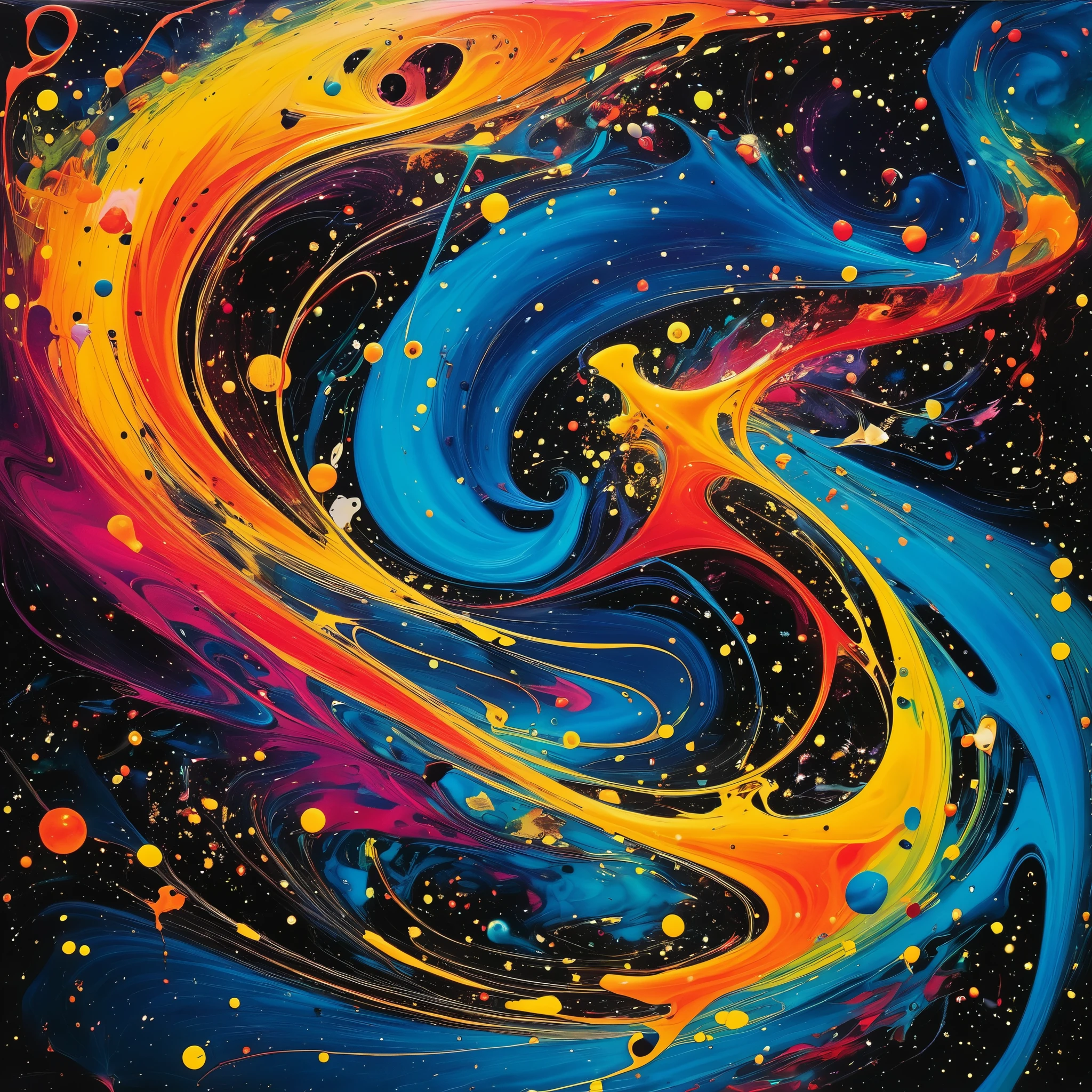 Vibrant nebulas swirl and collide in a cosmic symphony, resembling the abstract expressionism of Jackson Pollock's masterpieces, with splashes of color and dynamic movement.
