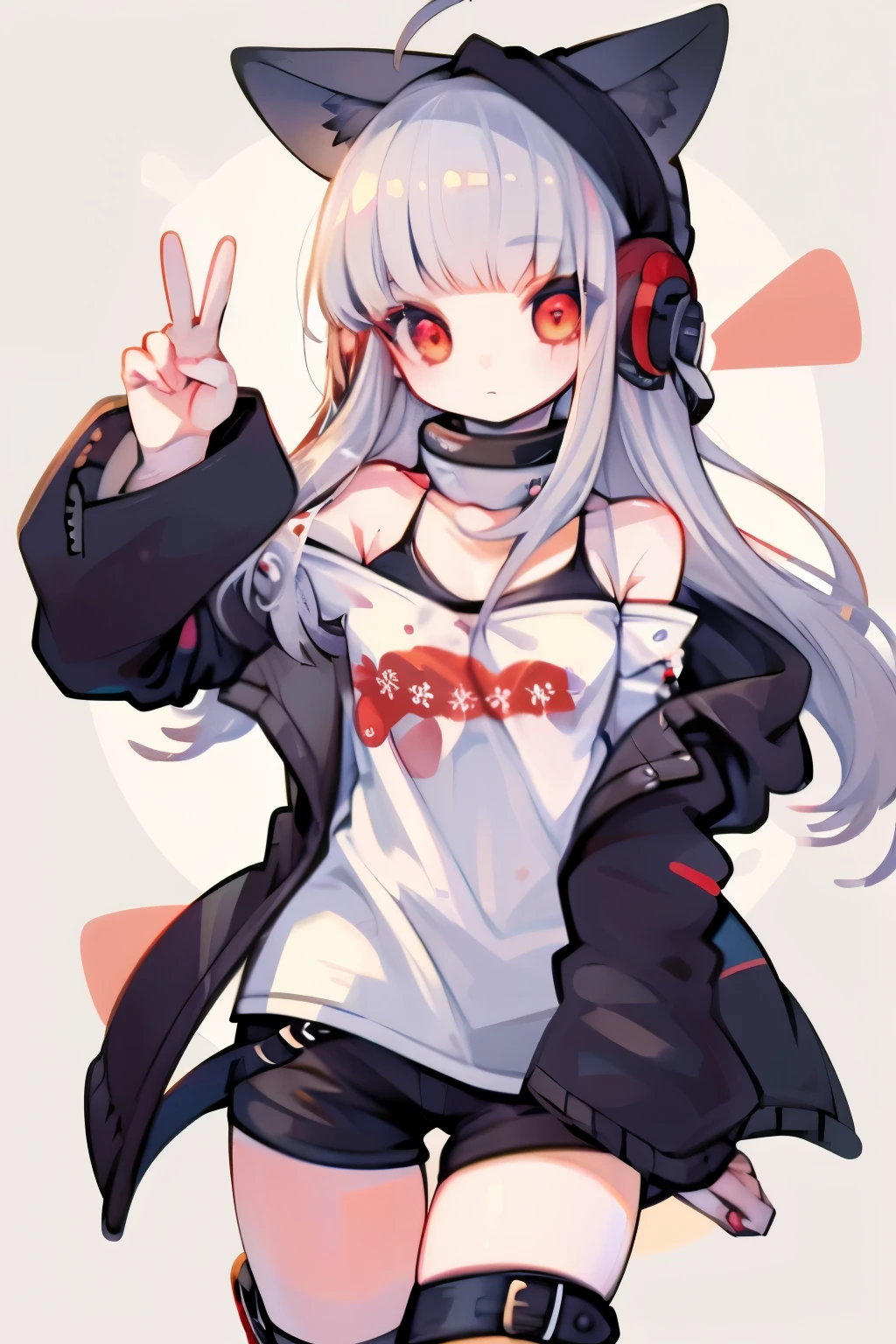 table top, medium close up，MCU,highest quality, High resolution, 1 girl, futaba sakura, sharp bangs, silver hair, red eyes, Ahoge, small breasts, headphones, behind-the-head headphones, white shirt, Jacket, off shoulder, fur trim, ファートリムJacket, 緑のJacket, shorts, thighs thighs, knee high boots,white fox ears，Exact hand shape and number of fingery fingers are hidden by my sleeves)) golden hour,close up shot，