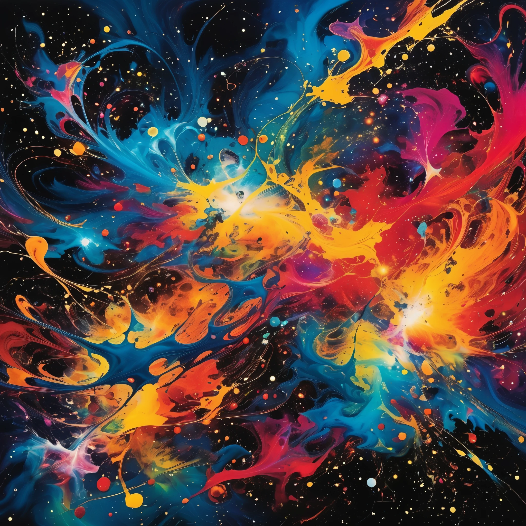Vibrant nebulas swirl and collide in a cosmic symphony, resembling the abstract expressionism of Jackson Pollock's masterpieces, with splashes of color and dynamic movement.