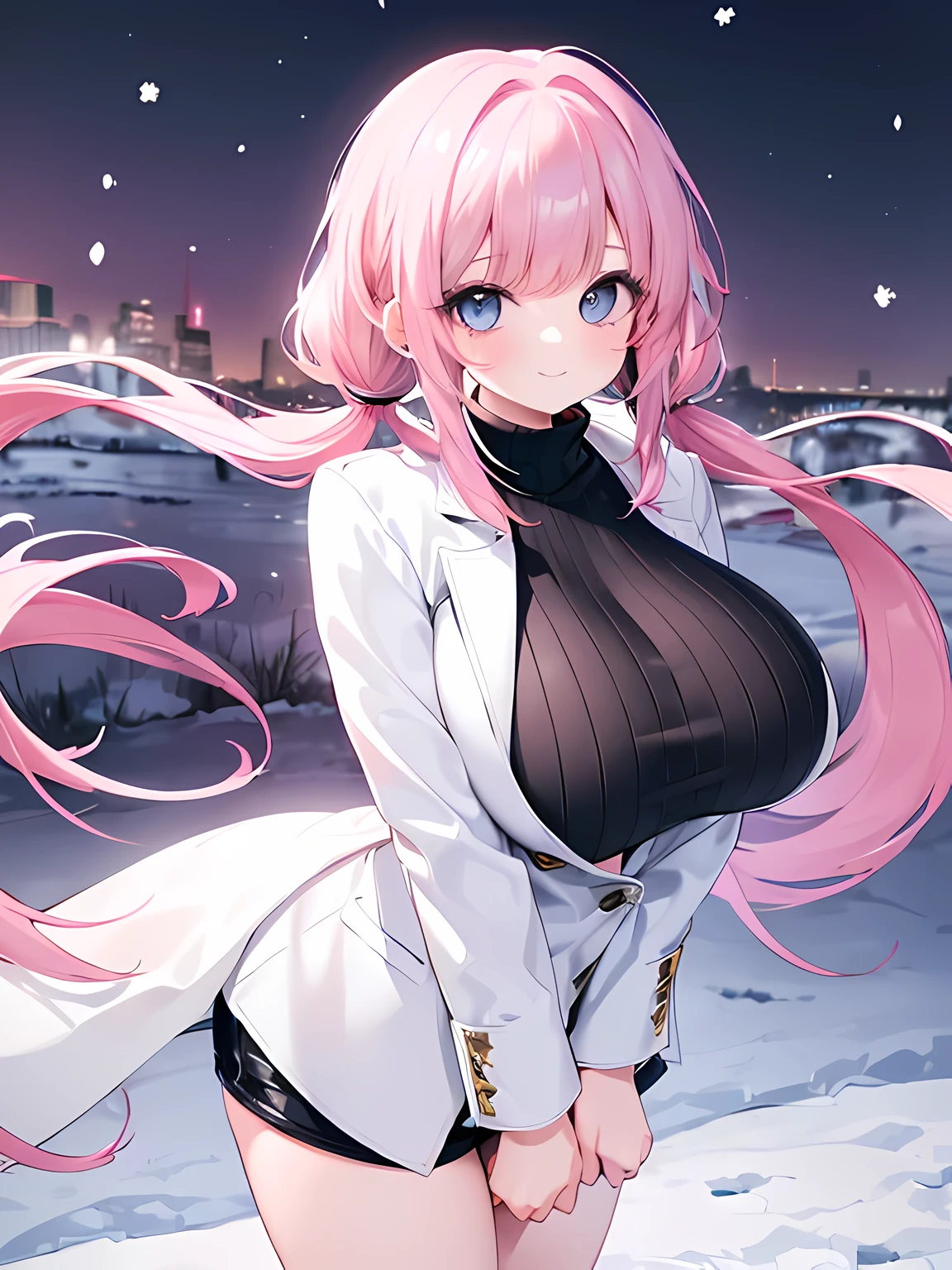 masterpiece,highest quality,(Super detailed),written boundary depth,perfect sentence, Detailed CG,Super detailed,(highly detailed eyes,very cute face,highly detailed face:1.3),beautiful anime girl,(solo girl:1.9),(super huge breasts:1.7),(pink hair,low twin tails:1.5),(light blue eyes:1.3),(smile full of joy:1.3),open your mouth,show viewer,break,(Black high-neck sweater,white long coat,hot pants:1.3),knee high boots,snow,night,garden,gaslight,break,Are standing,dynamic pose,exhale white breath,(whole body:1.2)