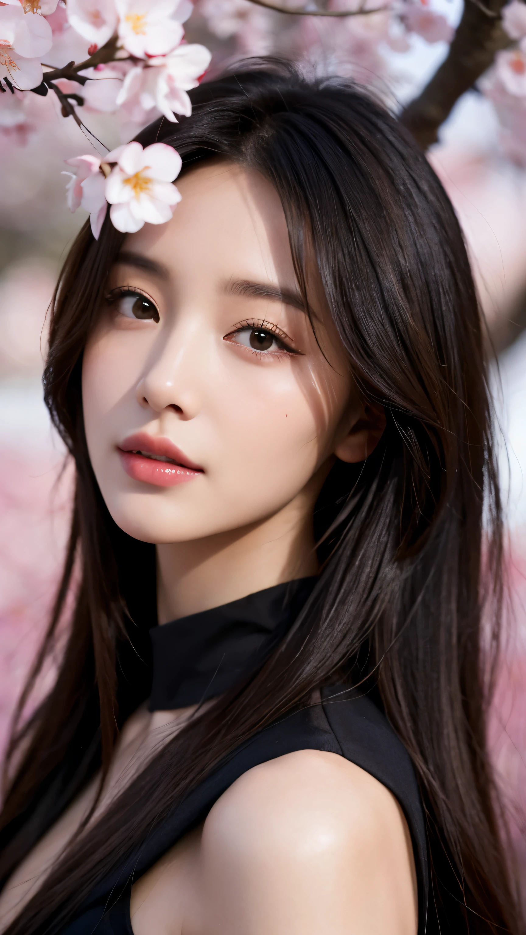 Beautiful supermodel woman with black hair, Bundle of hair with some highlights, black eye, mixed media, sexy,cherry blossom tree background,JK , Liquid color flows down her face., Photography by Yui Aragaki