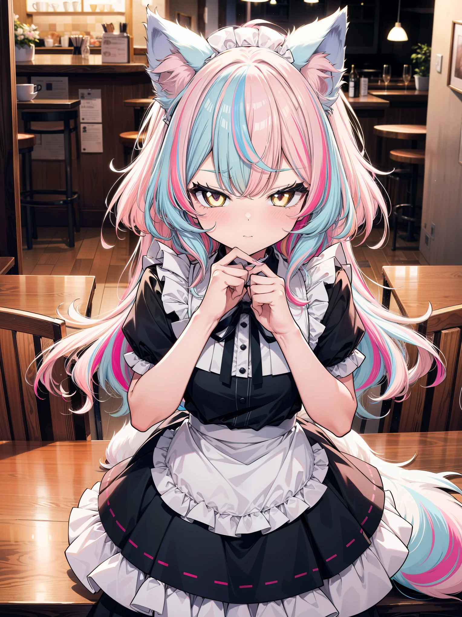 (masterpiece), (best quality), (perfect anatomy), (ultra-detailed), 1 girl, solo, cute face, (pastel color), light color, multicolored hair, light pink hair, (light blue streaked hair:1.1), wavy hair, (wolf girl) wolf ears, wolf tail, Maid clothes, dynamic pose, cafe scenery