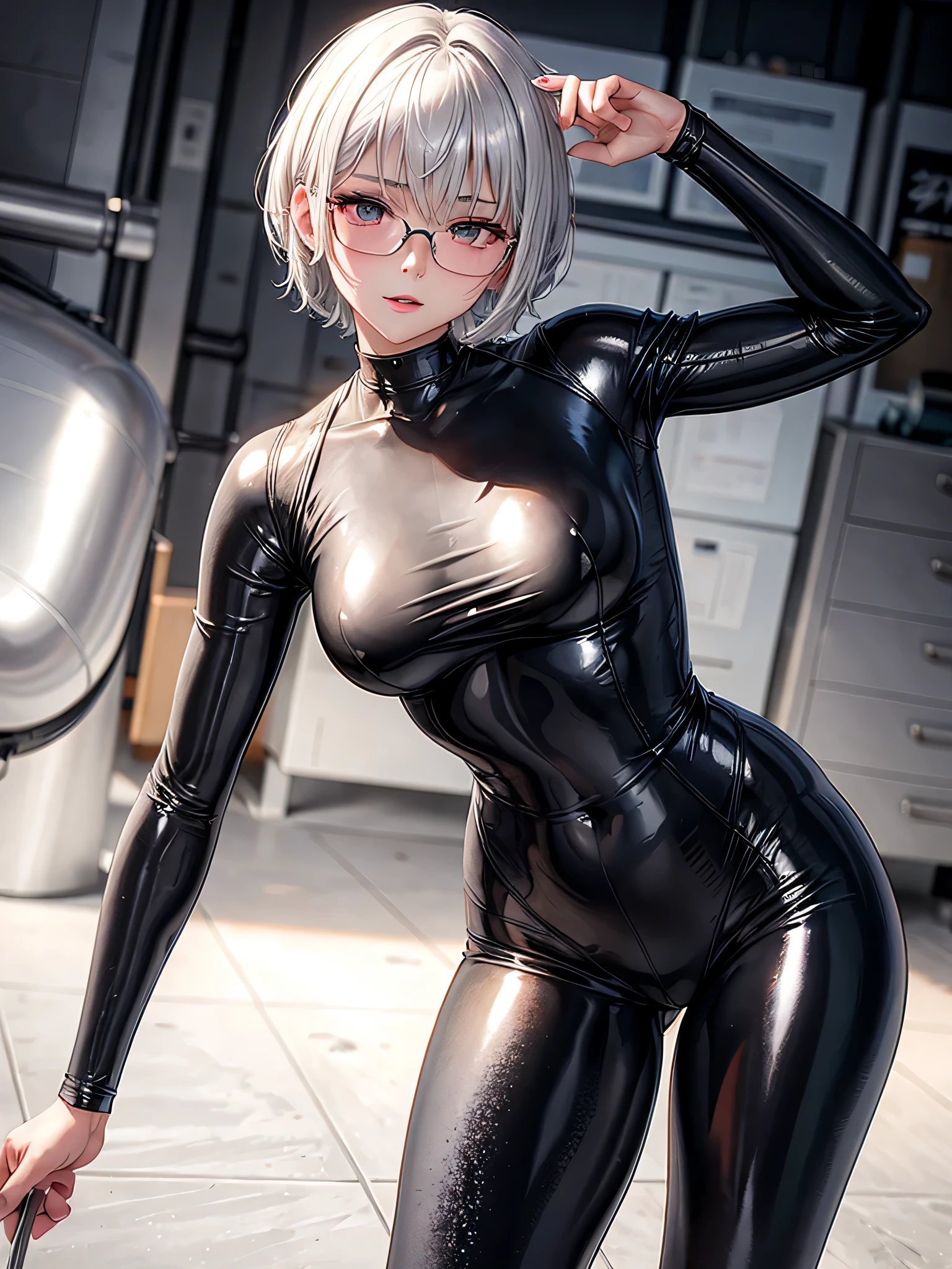 Top quality 8K UHD、short hair、pieces fly、silver hair、glasses uskul、Musculoskeletal system々、Upper body、spread your legs、Full body gloss、Beautiful woman wearing a full body silver metallic suit、A silver rubber suit that hides your lustrous skin