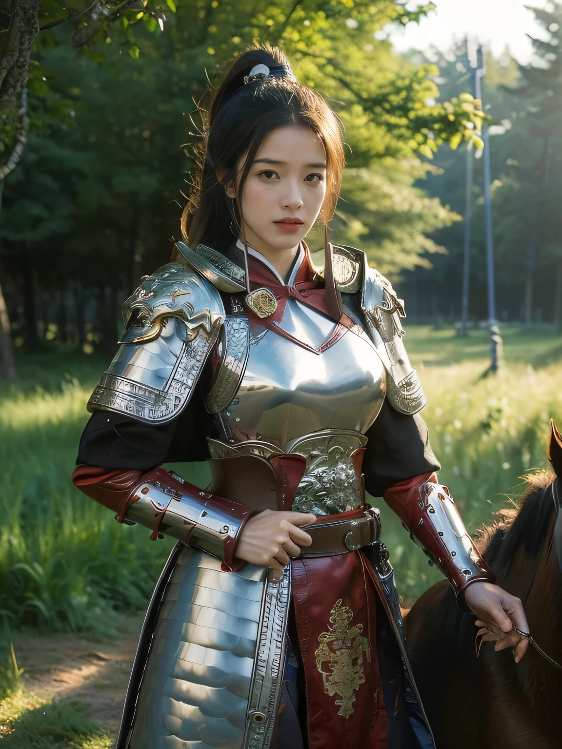 masterpiece,Best quality,HD quality,face close-up,Detailed sculpting of eyes,A high resolution,8K,Ancient battlefield background, ((field:1.8)),(Female generals on the battlefield in the Han Dynasty),(mounted on a horse),18-year-old girl,(long ponytail hairstyle),cparted lips,Full and erect breasts,Noble and charming,Elegant and serious,Chinese armor,sword, Chinese architecture, Brown cape,,The combination of white metal and red leather,chest armor,metallic luster,Leather buckle,Exquisite pattern,mysterious badge,Cool and gorgeouig breasts)),Chest groove,Three Kingdoms character painting style,Photo pose,oc render reflection texture,charming smile,Head-up shot,bright afternoon,woodland background