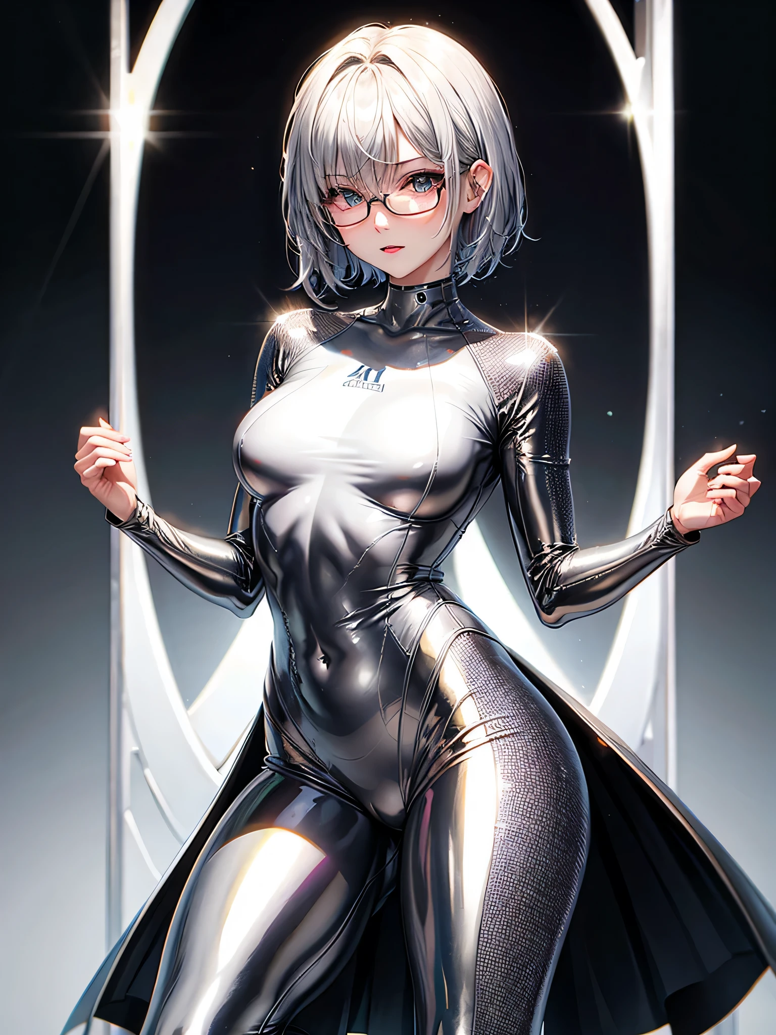 Top quality 8K UHD、short hair、pieces fly、silver hair、glasses uskul、Musculoskeletal system々、Upper body、spread your legs、Full body gloss、Beautiful woman wearing a full body silver metallic suit、A silver rubber suit that hides your lustrous skin