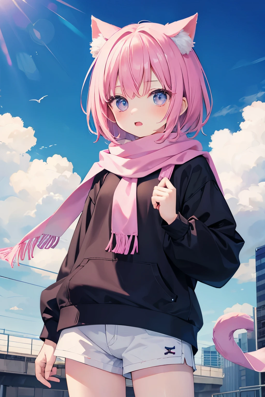 Very beautiful and shining eyes、shining eyes、1 girl、small breasts、big mouth、high school girl、small breasts、Cat ear、Transparent pink short hair、scarf、hot pants、transparent clothes、childish clothes、7  girl