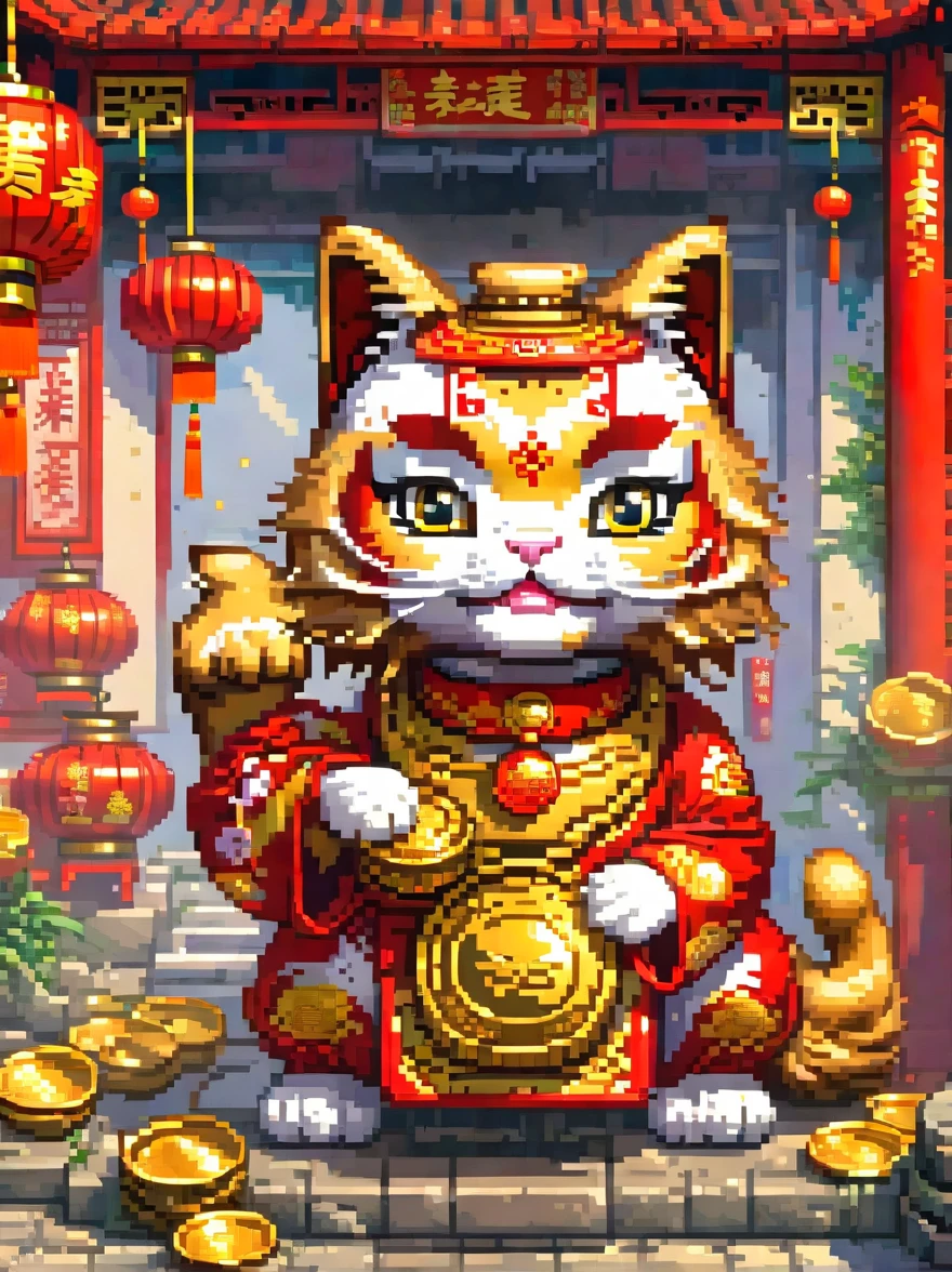 (pixel art:1.5)，(((Lucky Cat)))，Holding gold ingot gold coins，Wearing golden bells，raise front paw，splendid，Background full of gold coins，magnificent，Chinese traditional lion dance scene，bright red tone，(personification:1.3)，Super cute