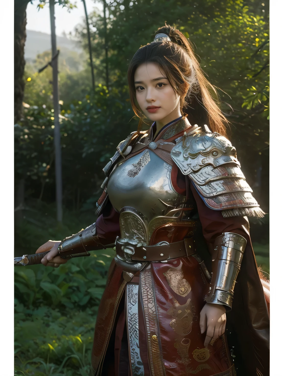 masterpiece，Best quality，HD quality，face close-up，Detailed sculpting of eyes，A high resolution，8K，Ancient battlefield background, ((field：1.8))，(Female generals on the battlefield in the Han Dynasty)，(mounted on a horse)，18-year-old girl，（long ponytail hairstyle)，cparted lips，Full and erect breasts，Noble and charming，Elegant and serious，Chinese armor,sword, Chinese architecture, Brown cape，，The combination of white metal and red leather，chest armor，metallic luster，Leather buckle，Exquisite pattern，mysterious badge，Cool and gorgeouig breasts))，Chest groove，Three Kingdoms character painting style，Photo pose，oc render reflection texture，charming smile，Head-up shot，bright afternoon，woodland background