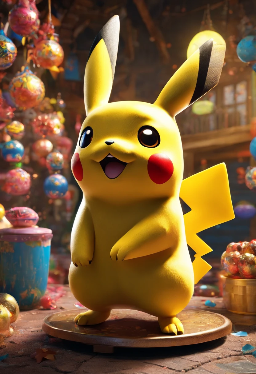 Pikachu is the embodiment of shining lightning.、He&#39;s the only one dancing in front of the candy store.。The lightning-shaped tail expresses the complex refraction of light.、Exudes an otherworldly beauty。Vibrant colors and exquisite detailaking this image a truly mesmerizing work of art.。Nostalgic style and bright colors、High resolution、high detail、surreal style、octane render、Unreal Engine 5 style、3D model、8 k、HDR