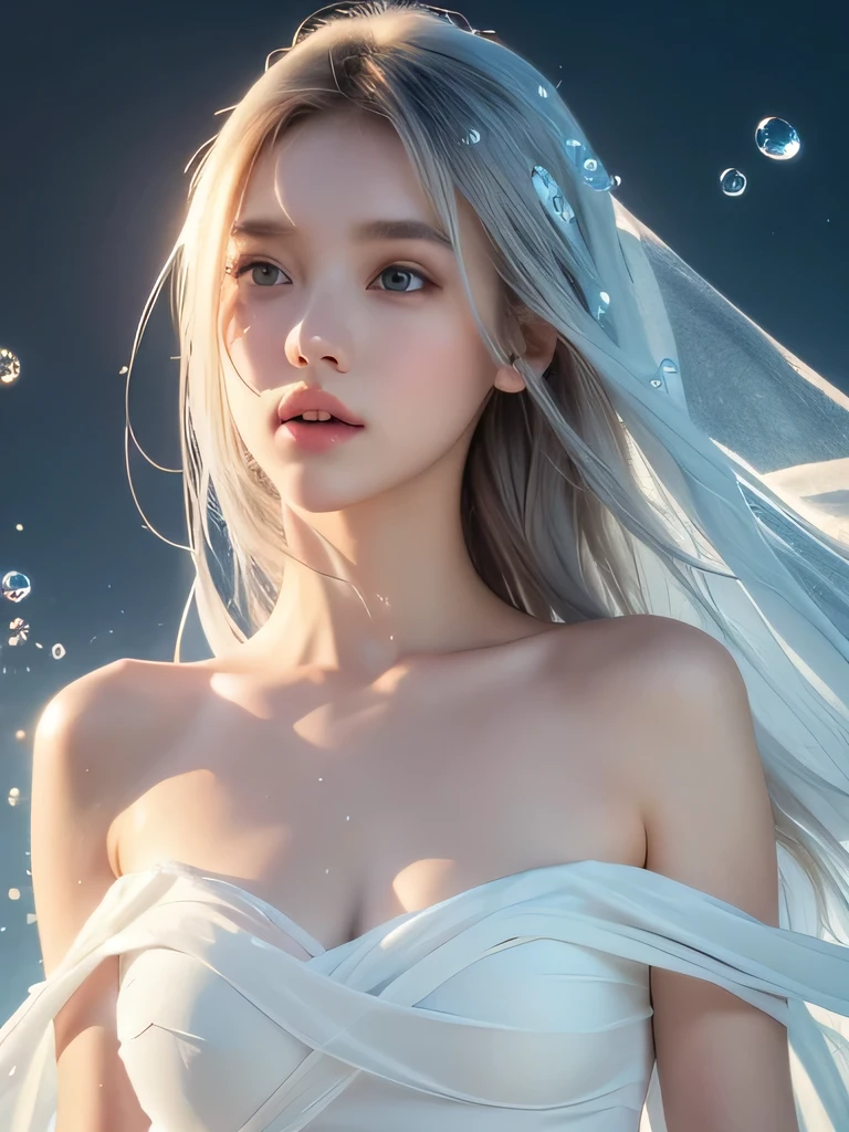 (masterpiece:1.3), (8K, Realistic, RAW Photos, Best image quality: 1.4), Fair-skinned fairy woman、Long Hair、Cleavage:2.0、Highly detailed face、Attention to detail、double eyelid、Chest to chest、Sharp focus:1.2、Beautiful woman:1.4、Silvery white hair、Highest quality、masterpiece、Ultra-high resolution、(Realistic:1.4)、Highly detailed and professionally lit smiles、Loose, Light, steampunk、Shoulder out、thin、Serious expression、Short-haired、Deadly position, One person、whole body,Walking on the beach、Gorgeous Necklace、