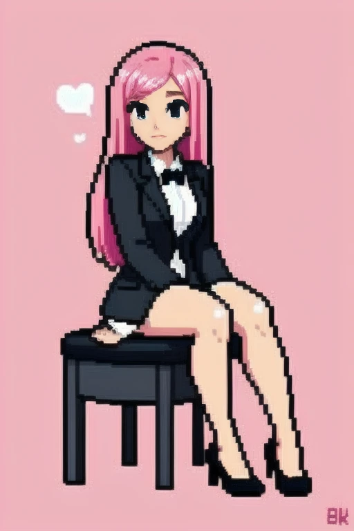 raise your heels, Sit down and show your butt from the front, holding my knees, blazer jacket, long pink hair, cute, Pixel art