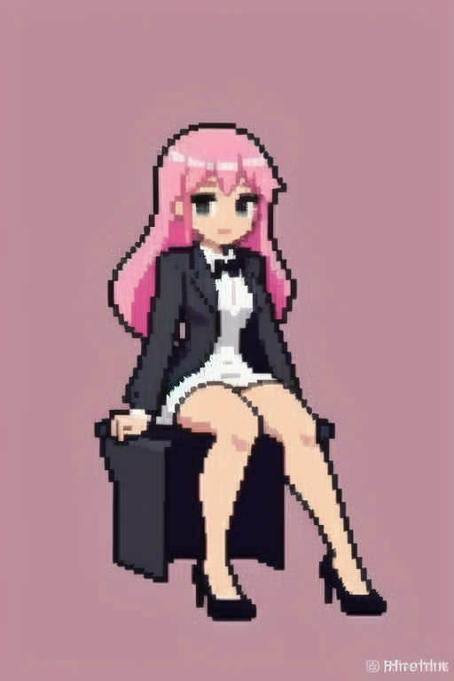 raise your heels, Sit down and show your butt from the front, holding my knees, blazer jacket, long pink hair, cute, Pixel art