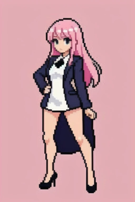 raise your heels, Sit down and show your butt from the front, holding my knees, blazer jacket, long pink hair, cute, Pixel art