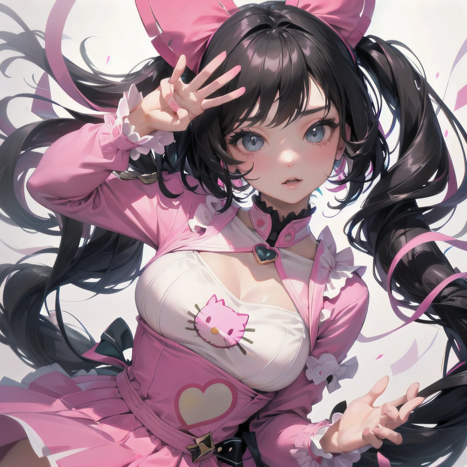 1girl, solo, hello kitty girl, pink and black hair, lovely, friendly