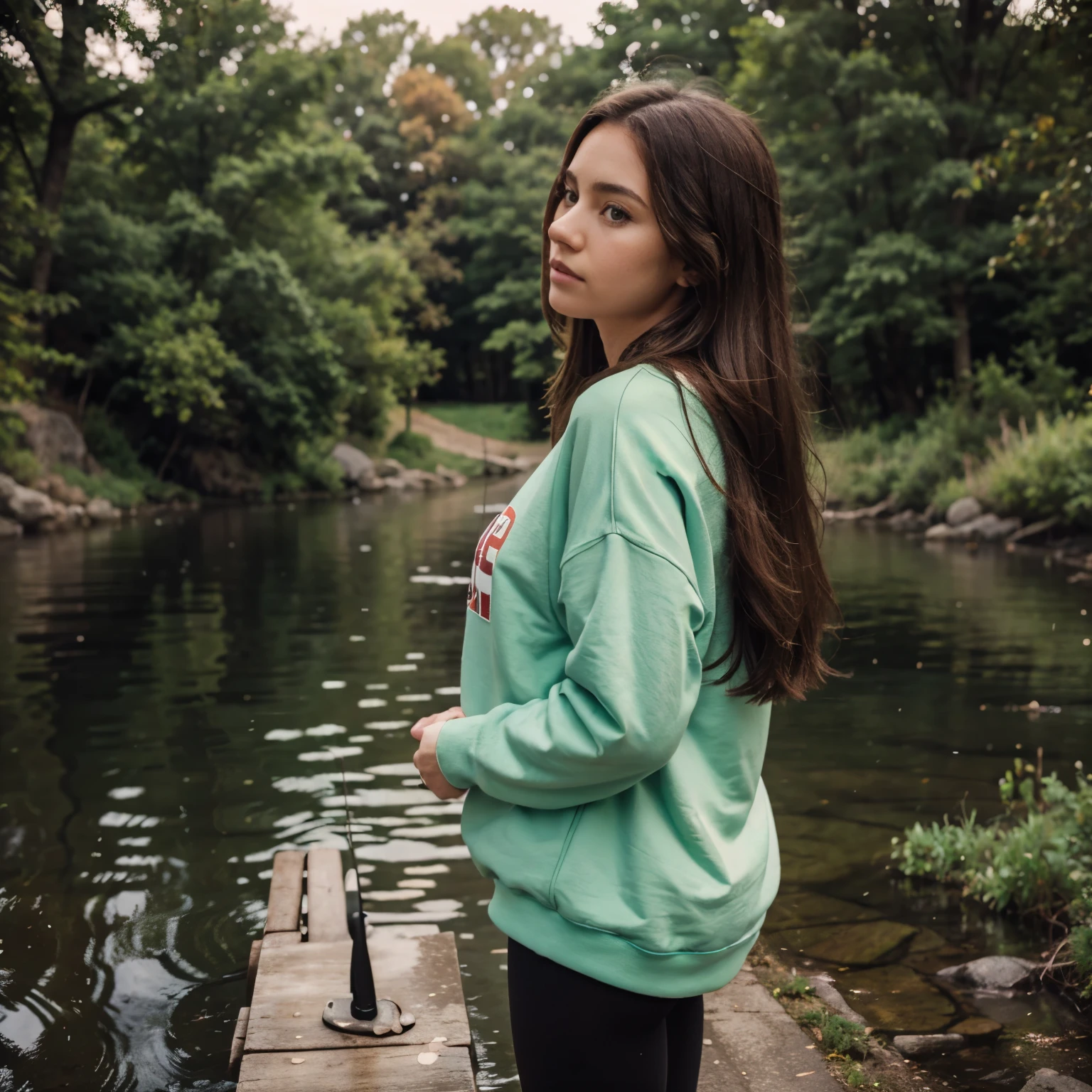 far camera shot. whole body in frame. side view. RAW photo, 21 year old brunette. hyperrealistic face facing away from camera. head turned away from camera. looking at a fishing rod. not looking at the camera. wearing an oversized sweatshirt. puffy green sweatshirt. black leggings. small butt. white shoes. long hair. light brown hair. brown eyes. imperfect skin.