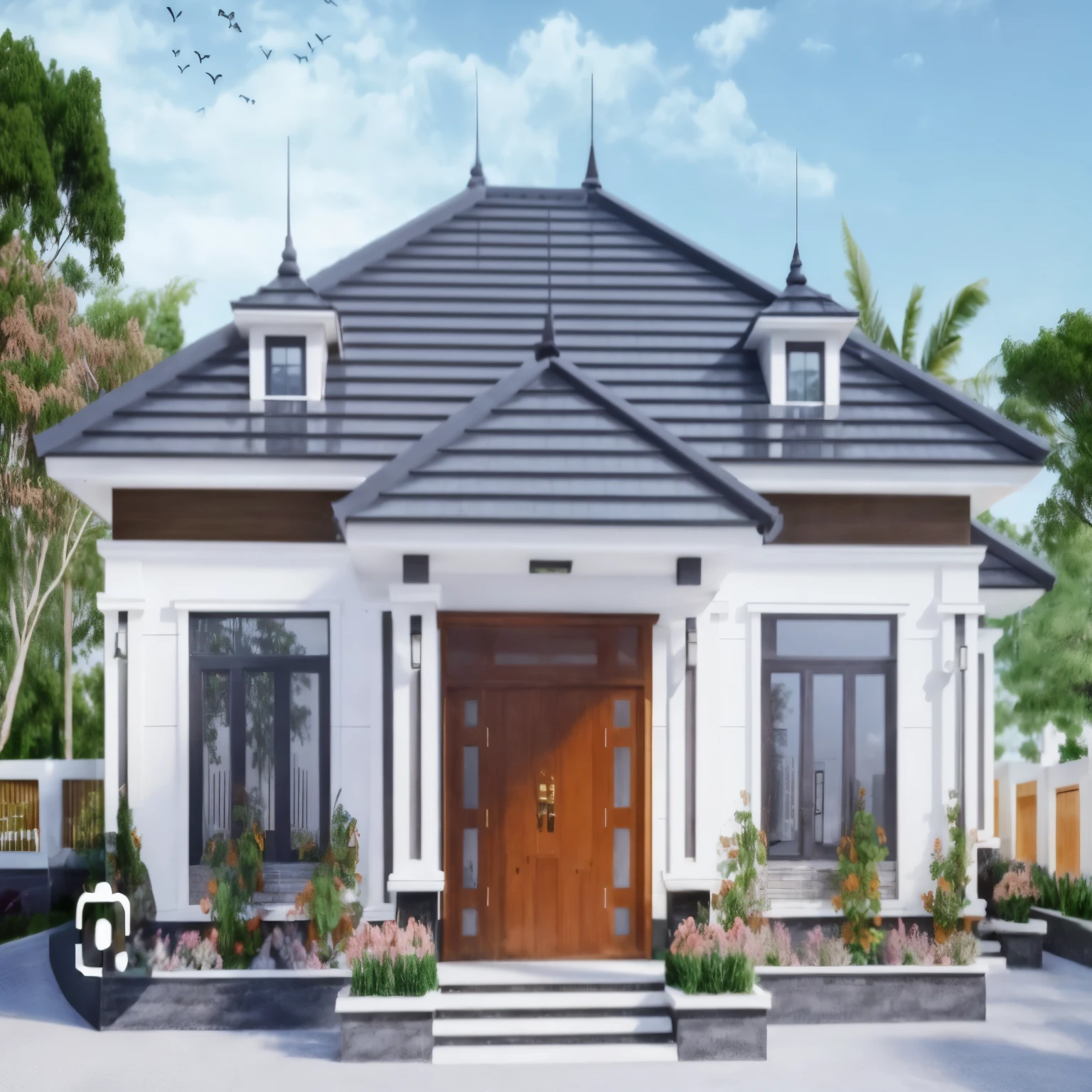 Perspective of a tile-roofed house with a wide road in front of the house, Image according to sketch, main materials are glossy white walls and black stone/, black wood, a road running in front of the house, (RAW photo, real, best quality , masterpiece: 1.2), modern minimalist look, 1 street in front of the house, ring light, brightness from inside: 1.2, dynamic light: 1.3, (surreal, photorealistic: 1.2), high quality , daylight, high contrast :0.5 perfect light, Archdaily, contemporary masterpiece, contemporary masterpiece, beautifully designed masterpiece, large modern mansion, modern neo-traditional modern, wide angle exterior 2022, mid-century modern, contemporary home, modern vibe, front view, award winning modern design, stunning lines, residential, (( (fine details:1.3)))