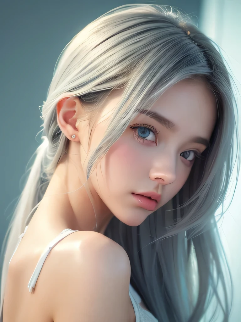 (masterpiece, highest quality:1.2), 8k, 85mm, RAW photo, confused, white and cyan theme, (liquid clothes, liquid dress:1.4), gray hair, gradient dress, delicate girl, Upper body, close your face, shiny skin, , looking at the viewer, HDR, sharp focus, particle, dusk sky, shiny skin, detailed eyes and face, colorful background, simple background