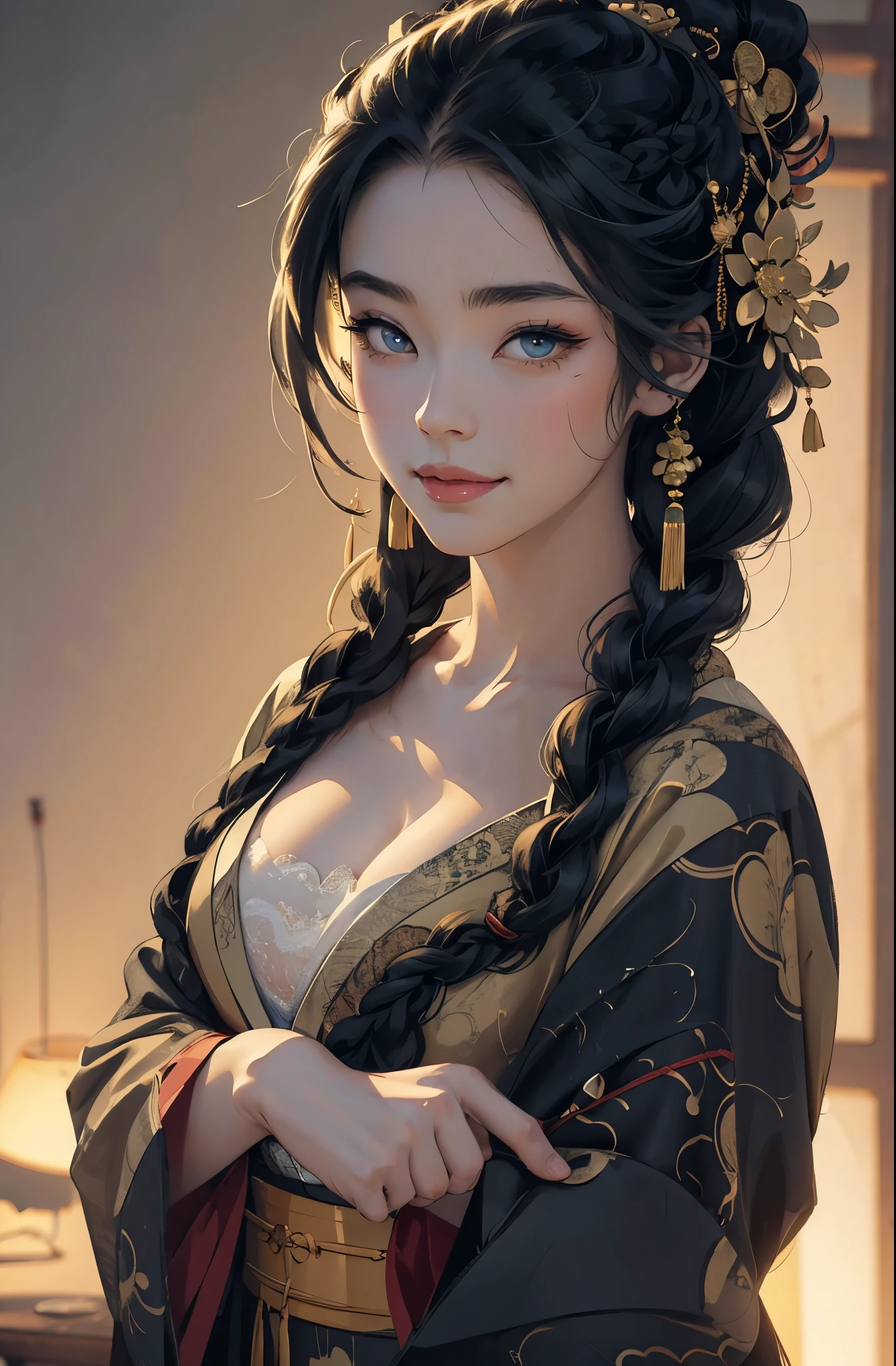 Beautiful wicked smiling Asian, a ronin wearing gold lace kimono, Meiji restoration, emerald eyes, yojimbo, HD, UHD, braided hairstyle, large anime eyes, realistic eyes, highly detailed eyes, natural skin, natural skin texture, subsurface scattering, muted colors, perfect face, perfect eyes, perfect full lips, vivid, cinematic, Film light, Hyper detailed, Hyper-realistic, masterpiece, atmospheric, High resolution, Vibrant, High contrast, dark angle, 8k, HDR,