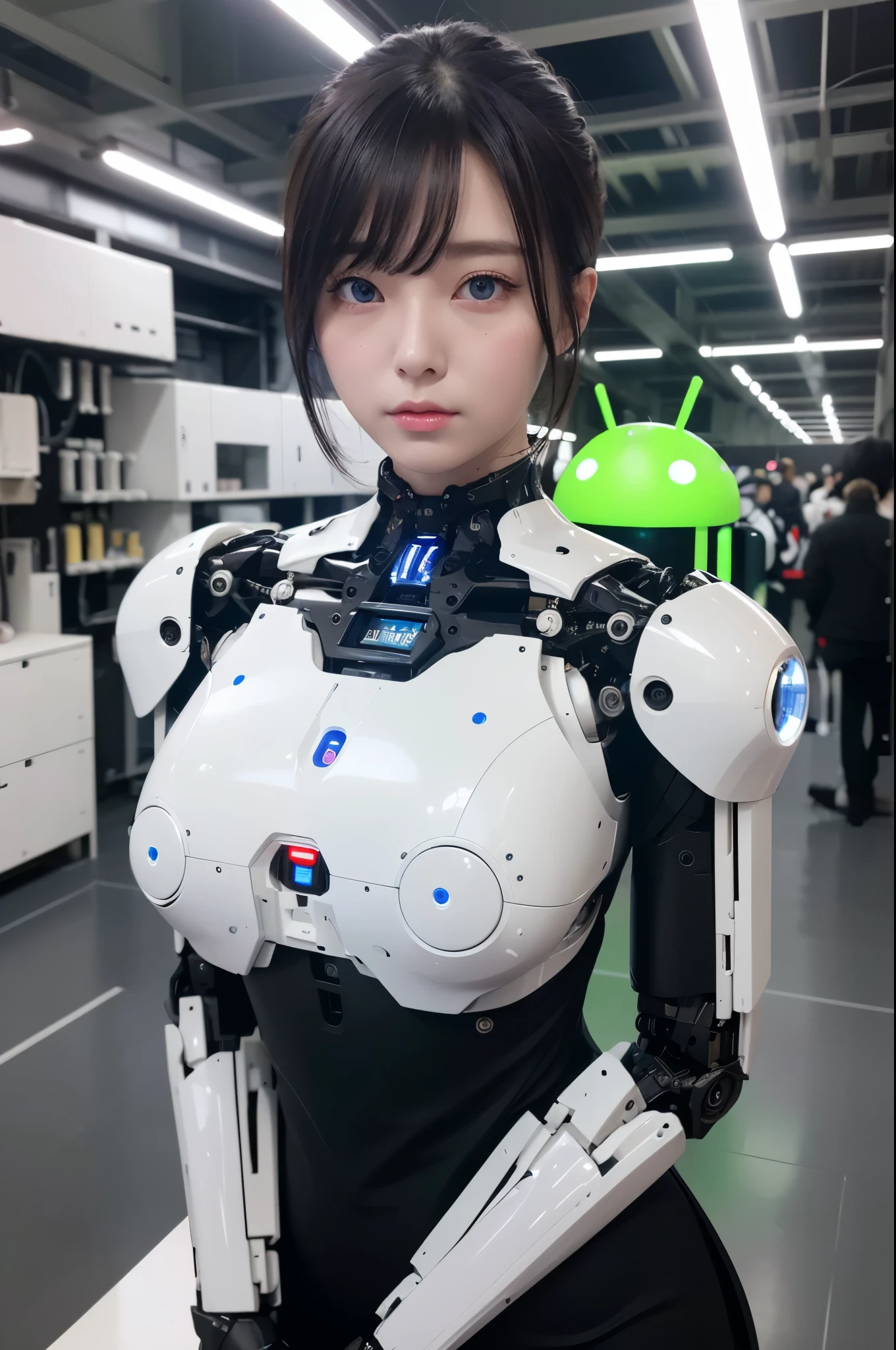masterpiece, best quality, extremely detailed, 8K portrait,1girl in, Japaese android girl,android teacher,Plump , control panels,android,Droid,Mechanical Hand, ,Robot arms and legs, Black hair,Mechanical body,Blunt bangs,White Robotics Parts,perfect robot woman,Charging spot,perfect mechanical body,white robotics body,android assembly plant,white body,She has repaired,black sponge joints,android,laboratory,perfect machine body,white robot body,blue eyes