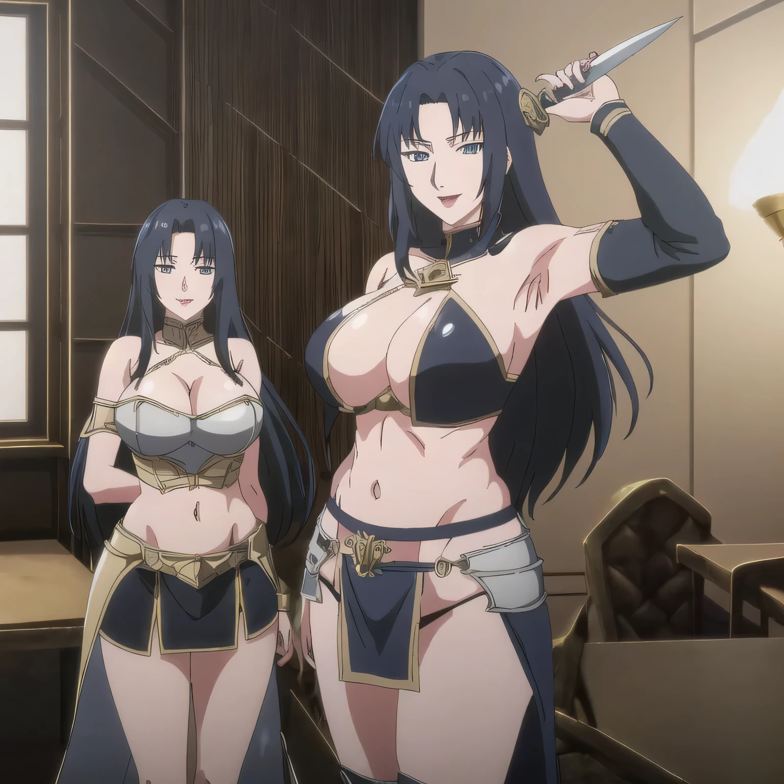 2girl, two girl, long hair, masterpiece, best quality, highly detailed, fantasy , a anime girls in armored dress holding a sword posing for a picture, evil smile, smile, open mouth, breastplate with open cleavage, cleavage, warrior outfit, ecchi anime style, anime girls, ecchi style, (nsfw) not safe for work, ecchi, digital anime art!!, in anime style, official artwork, visual novel cg, beautiful anime girl, anime style 4 k , loincloth, exposed belly, exposed navel, exposed midriff, exposed lower belly, pencil skirt armored, castle,inside castle