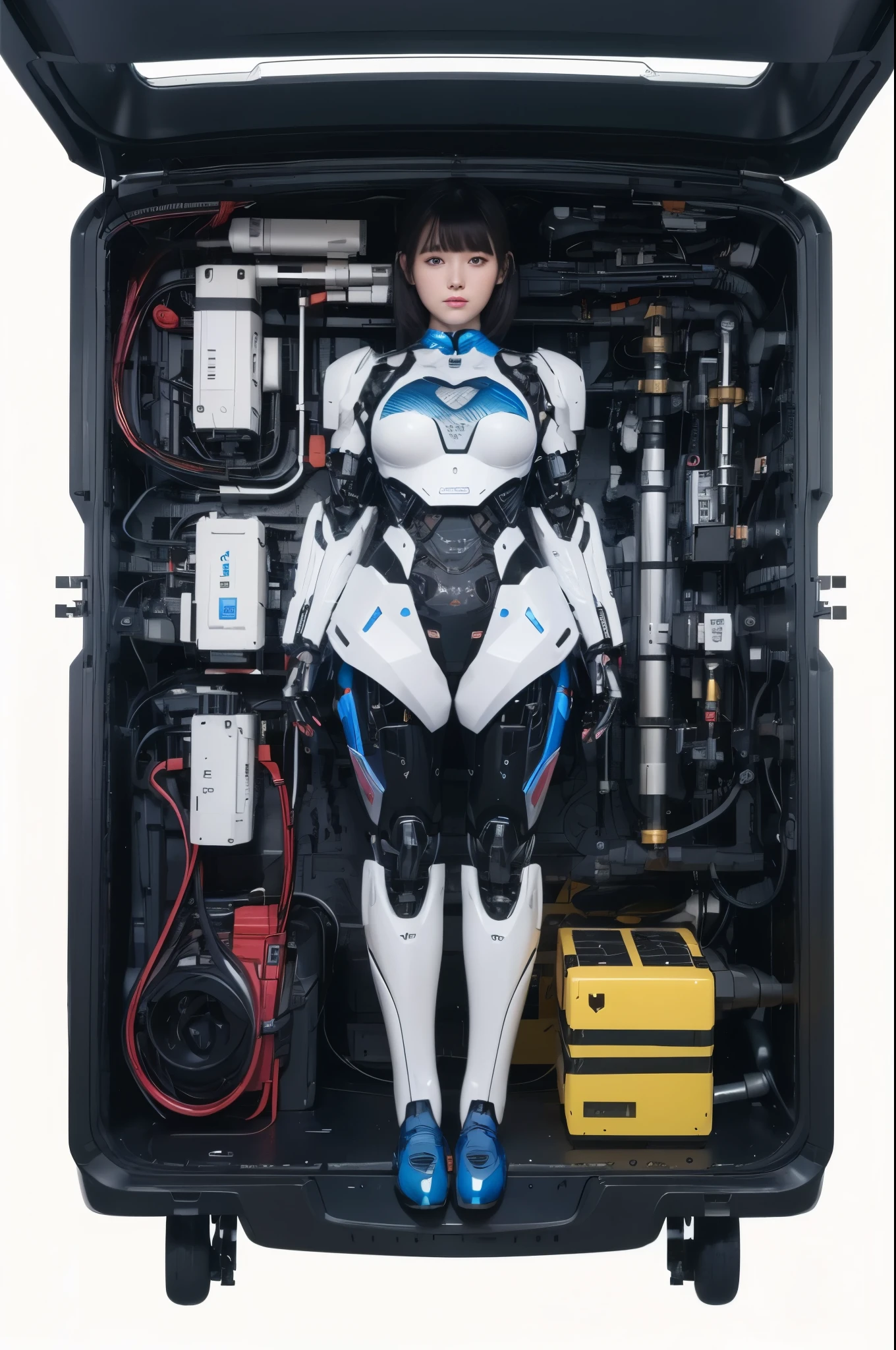 masterpiece, best quality, extremely detailed, 8K portrait,1girl in, Japaese android girl,android teacher,Plump , control panels,android,Droid,Mechanical Hand, ,Robot arms and legs, Black hair,Mechanical body,Blunt bangs,White Robotics Parts,perfect robot woman,Charging spot,perfect mechanical body,white robotics body,android assembly plant,white body,She has repaired,black sponge joints,android,laboratory,perfect machine body,white robot body,blue eyes