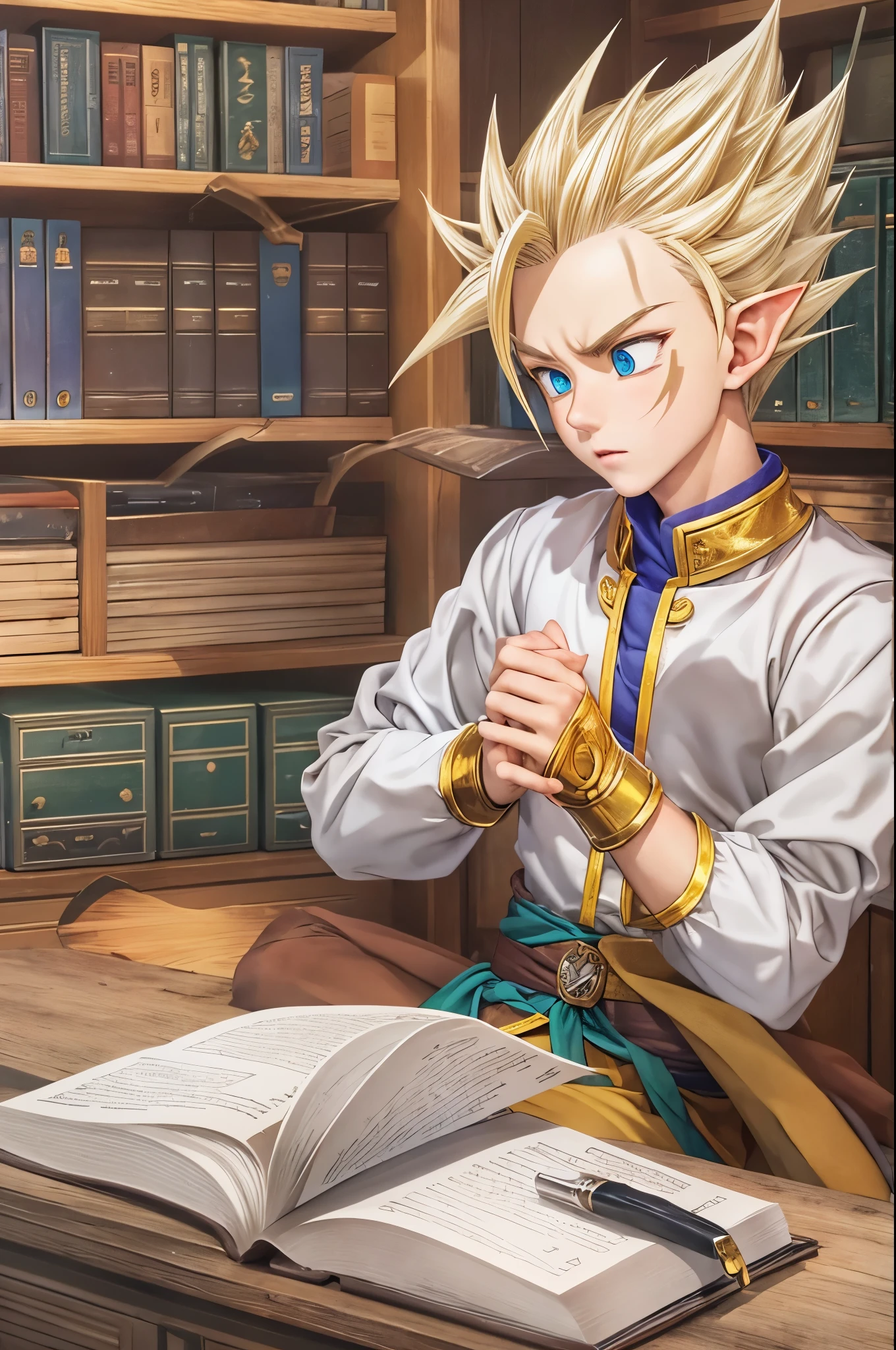 (master piece), 8k, best quality, elf boy, naïve, male, ager, 14 yite skin, thin body, pointed elf ears, beautiful finely detailed silver eyes, high forehead, yellow blonde spiky hair like Gohan from the anime dragon ball (super sayajin), Incredibly handsome, conservative elven outfit, looking at notebook