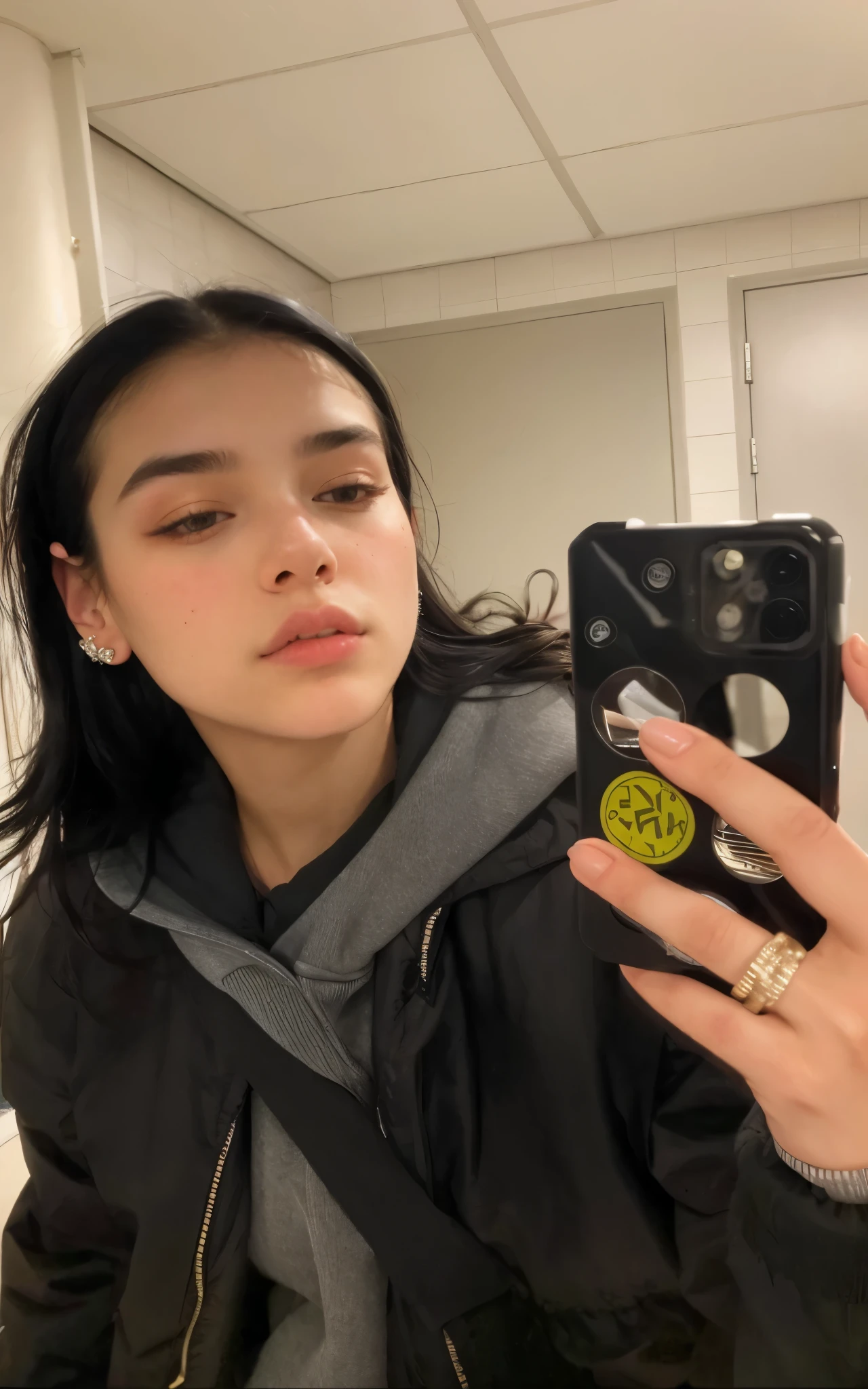 there is a woman taking a selfie in a mirror, bella poarch, julia caliente, sin maquillaje, Kailee Mandel, Dua Lipa, 18 years, Retrato de Sophie Mudd, cerveza madison, elfo eva, 🤬 🤮 💕 🎀, charli bowater, by Emma Andijewska, foto de perfil, huge earrings and strange makeup