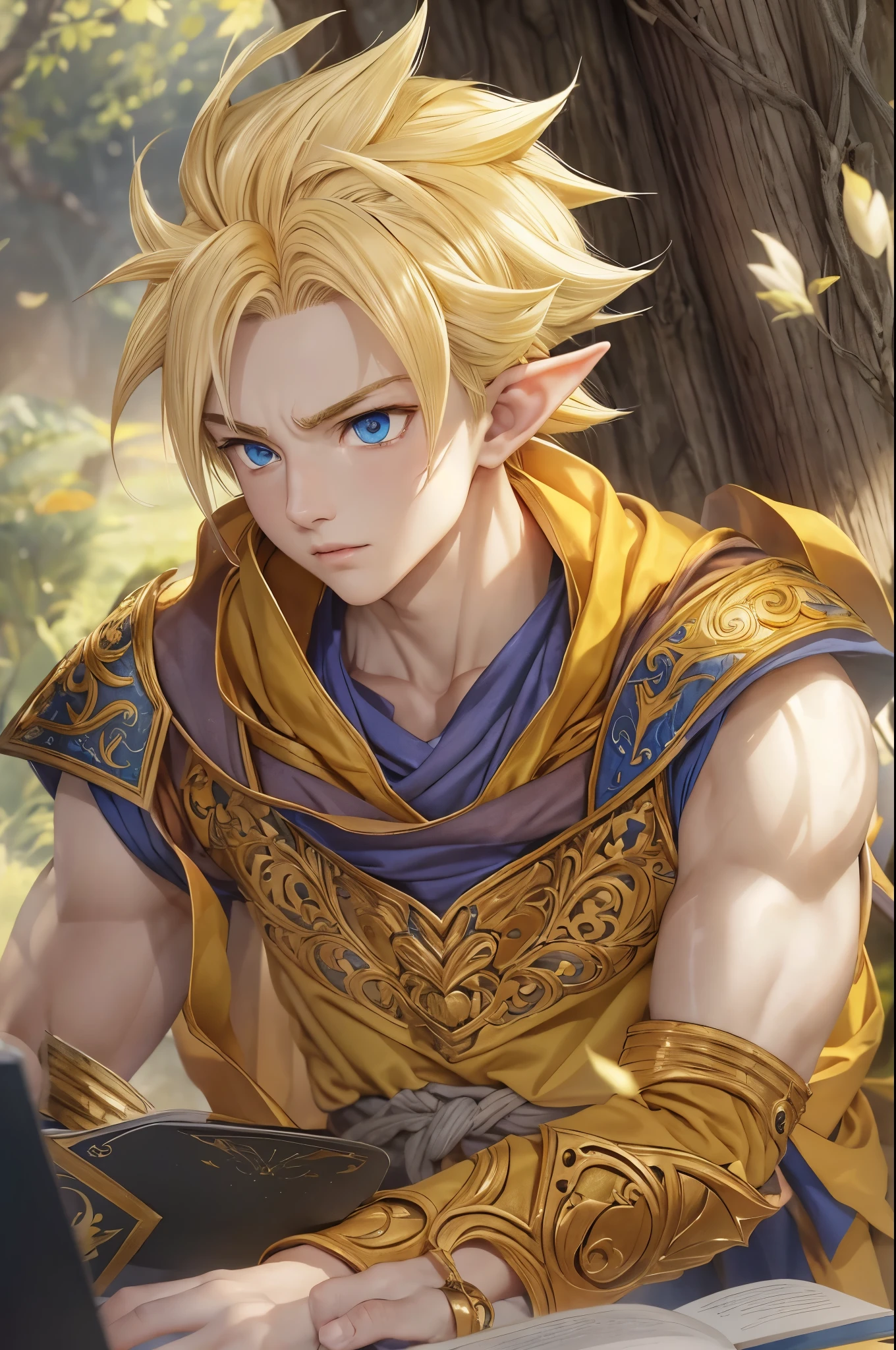 (master piece), 8k, best quality, elf boy, naïve, male, teenager, , white skin, thin body, pointed elf ears, beautiful finely detailed silver eyes, high forehead, yellow blonde spiky hair like Gohan from the anime dragon ball (super sayajin), Incredibly handsome, conservative elven outfit, looking at notebook