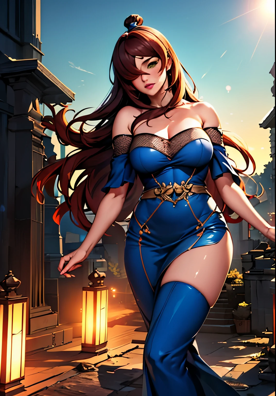 outdoor background, mei_terumi, long hair, brown hair, blue dress, bare shoulders, green eyes, off shoulder, hair over one eye, lipstick, 1 girl, 20yo,Young female,Beautiful Finger,Beautiful long legs,Beautiful body, Beautiful Nose,Beautiful character design, perfect eyes, perfect face,expressive eyes, perfect balance, looking at viewer,(Focus on her face), official art,extremely detailed CG unity 8k wallpaper, perfect lighting,Colorful, Bright_Front_face_Lighting,White skin, (masterpiece:1.0),(best_quality:1.0), ultra high res,4K,ultra-detailed, photography, 8K, HDR, highres, absurdres:1.2, Kodak portra 400, film grain, blurry background, bokeh:1.2, lens flare, (vibrant_color:1.2),professional photograph, (Beautiful,medium_Breasts:1.4), (beautiful_face:1.5),(narrow_waist)