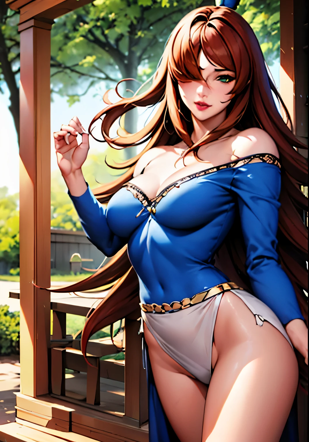 outdoor background, mei_terumi, long hair, brown hair, blue dress, bare shoulders, green eyes, off shoulder, hair over one eye, lipstick, 1 girl, 20yo,Young female,Beautiful Finger,Beautiful long legs,Beautiful body, Beautiful Nose,Beautiful character design, perfect eyes, perfect face,expressive eyes, perfect balance, looking at viewer,(Focus on her face), official art,extremely detailed CG unity 8k wallpaper, perfect lighting,Colorful, Bright_Front_face_Lighting,White skin, (masterpiece:1.0),(best_quality:1.0), ultra high res,4K,ultra-detailed, photography, 8K, HDR, highres, absurdres:1.2, Kodak portra 400, film grain, blurry background, bokeh:1.2, lens flare, (vibrant_color:1.2),professional photograph, (Beautiful,medium_Breasts:1.4), (beautiful_face:1.5),(narrow_waist)