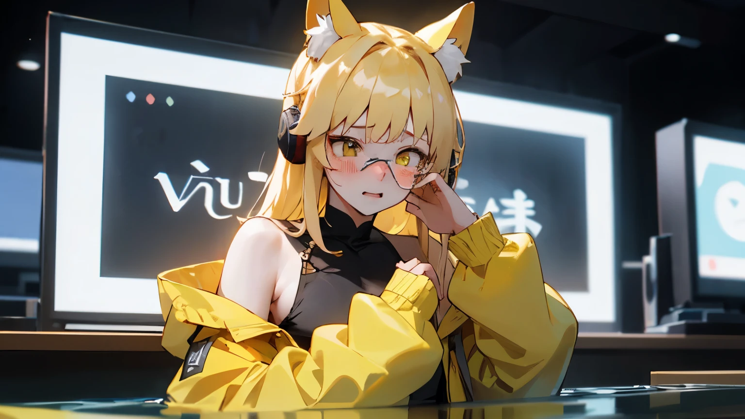 1 The boy is transforming into half the body of a girl with long, very blonde hair, yellow eyes and wearing a yellow dress and wearing a yellow jacket like a cute girl and he wears cute yellow glasses , wearing yellow cat ear headphones, Embarrassed because he was about to kiss someone , Blue computer in a Stream room right next to him . He was surprised that he was about to be turned into a cute girl and was suddenly super shy and scared . and has big tits and lost his dick . Body like an amnime girl , and inside the screen was the boy who had not yet turned into a girl . và từ 20 tuổi đã giảm thành 12 tuổi vì như vậy nên ấy lùn hơn 1 chút và bộ quần áo to hơn và con mắt màu và biến thành con mắt trái tim màu đỏ và anh ấy rất cảm thấy mình là một cô gái <3 and he immediately took off his clothes and his black bra came out