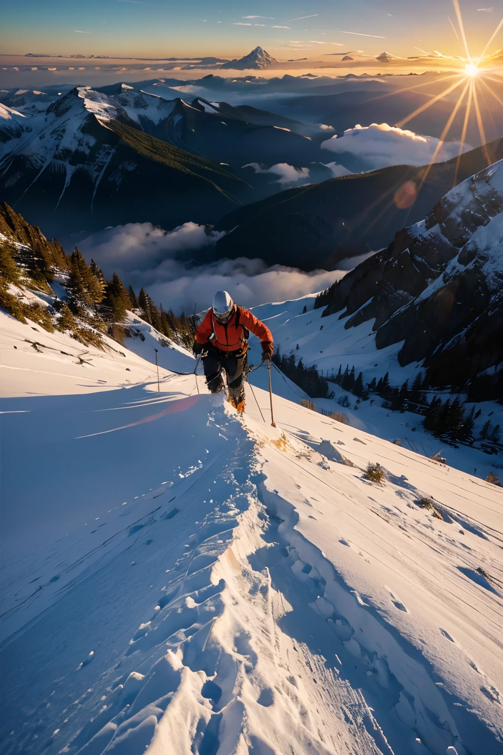 An illustration of a mountain climber ascending a steep peak, with clouds parting to reveal a bright sunrise on the horizon. The climber's determination and resilience should be evident in their posture and expression