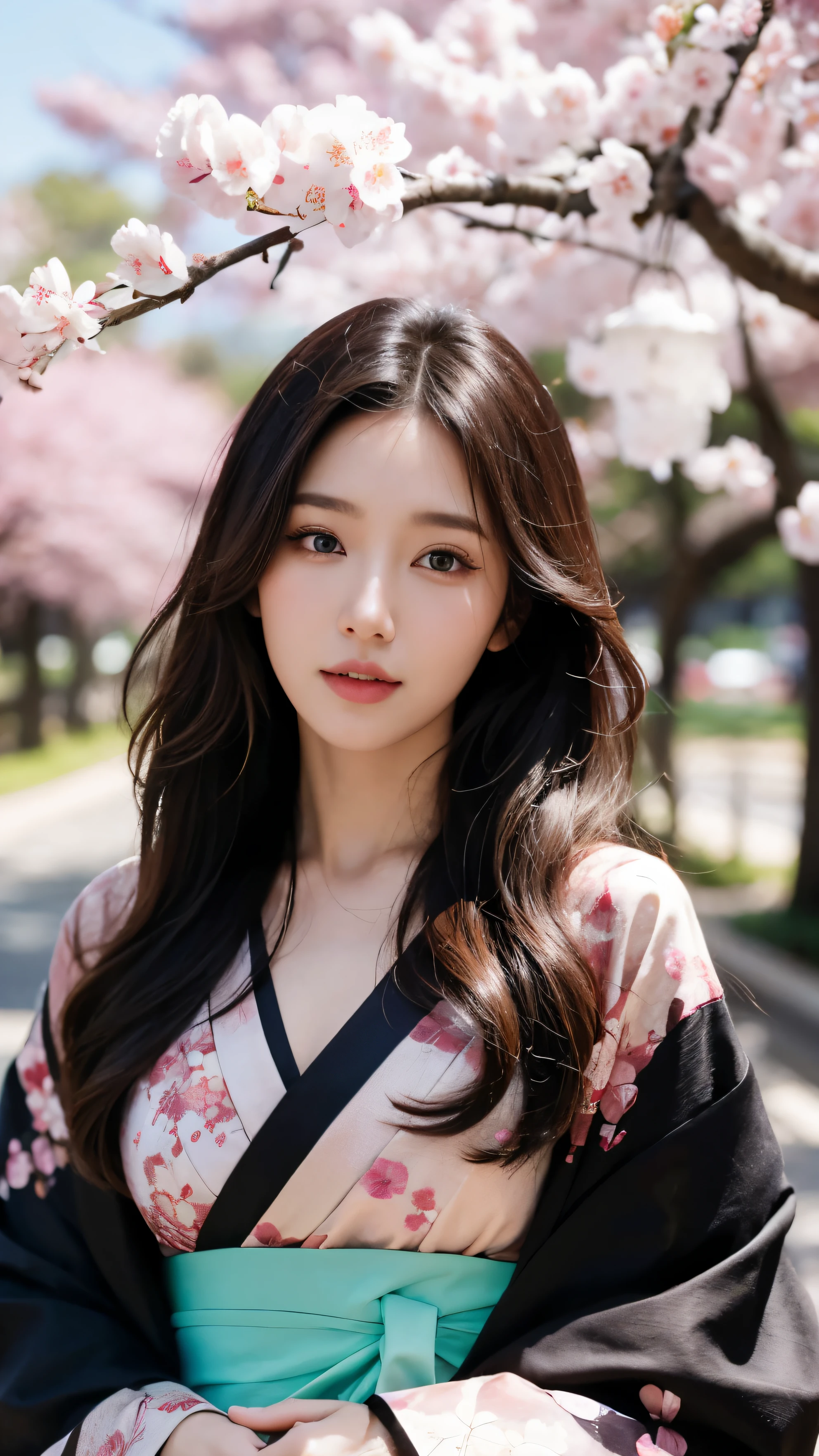 Beautiful supermodel woman with black hair, Bundle of hair with some highlights, black eye, mixed media, sexy,cherry blossom tree background,colorful kimono , Liquid color flows down her face., Photography by Yui Aragaki